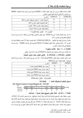 ‫ﺑﺮﻣﺠﺔ ﻣﺘﺤﻜﻤﺎت ‪ AVR‬ﺑﻠﻐﺔ ‪C‬‬

‫ﺍﻟﻘﻁﺏ ﻹﻋﺩﺍﺩﻩ ﻜﻘﻁﺏ ﺨﺭﺝ ﻭ ﺃﻱ ﻴﺠﺏ ﺘﻔﻌﻴل ﺍﻟﺨﺎﻨﺔ 1=3‪ DDB‬ﺍﻟﻤﻭﺠﻭﺩﺓ ﻓﻲ ﻤﺴﺠل ﺍﺘﺠﺎﻩ ﺍﻟﻤﻌﻁﻴﺎﺕ ‪DDRB‬‬
                                                  ‫.ﻴﺒﻥ ﺍﻟﺠﺩﻭل )7( ﺍﻟﺘﺎﻟﻲ ﺃﻨﻤﺎﻁ ﺍﻟﺘﺤﻜﻡ ﻟﻬﺎﺘﻴﻥ ﺍﻟﺨﺎﻨﺘﻴﻥ :‬
                                                     ‫ﺍﻟﺸﺭﺡ‬        ‫1‪COM1A‬‬                    ‫0‪COM1A‬‬
                 ‫ﺍﻟﻤﺅﻗﺕ/ﺍﻟﻌﺩﺍﺩ١ ﻻ ﻴﺘﺼل ﻤﻊ ﻗﻁﺏ ﺍﻟﺨﺭﺝ 1‪OC‬‬                ‫0‬                    ‫0‬
                            ‫ﻋﻘﺩﺓ ﺍﻟﻤﻨﺘﺼﻑ ﻟﻘﻁﺏ ﺍﻟﺨﺭﺝ 1‪OC‬‬                ‫0‬                    ‫1‬
                          ‫ﺘﺼﻔﻴﺭ ﻗﻁﺏ ﺍﻟﺨﺭﺝ 1‪ ) OC‬ﻟﻠﺼﻔﺭ (‬                ‫1‬                    ‫0‬
                           ‫ﺘﻔﻌﻴل ﻗﻁﺏ ﺍﻟﺨﺭﺝ 1‪ ) OC‬ﻟﻠﻭﺍﺤﺩ (‬              ‫1‬                    ‫1‬

                              ‫ﺍﻟﺠﺩﻭل )7( : ﺍﺨﺘﻴﺎﺭ ﻨﻤﻁ ﺍﻟﻤﻘﺎﺭﻨﺔ ١‬
‫ﺃﻤﺎ ﻋﻨﺩ ﻋﻤل ﺍﻟﻤﺅﻗﺕ/ﺍﻟﻌﺩﺍﺩ١ ﻓﻲ ﻨﻤﻁ ‪ ، PWM‬ﻓﺈﻥ ﻟﻬﺎﺘﻴﻥ ﺍﻟﺨﺎﻨﺘﻴﻥ ﻭﻅﻴﻔﺔ ﺃﺨﺭﻯ ﻤﺨﺘﻠﻔﺔ ، ﻭﻗﺩ ﺸـﺭﺤﺕ ﻫـﺫﻩ‬
                                                                  ‫ﺍﻟﻭﻅﻴﻔﺔ ﺒﺎﻟﺘﻔﺼﻴل ﻓﻲ ﺍﻟﺠﺩﻭل )11( .‬
‫ﻋﻨﺩﻤﺎ ﻨﺭﻏﺏ ﻓﻲ ﺘﻐﻴﻴﺭ ﻗﻴﻡ ﺍﻟﺨﺎﻨﺘﻴﻥ 1‪ COM1A0،COM1A‬ﻓﺈﻨﻪ ﻴﺘﻭﺠﺏ ﻋﻠﻴﻨﺎ ﺃﻭ ﹰ ﺤﺠﺏ ﻤﻘﺎﻁﻌﺔ ﻤﻘﺎﺭﻨـﺔ‬
                   ‫ﻻ‬
‫ﺍﻟﺨﺭﺝ ١‪ ، A‬ﻭﺫﻟﻙ ﺒﺘﺼﻔﻴﺭ ﺨﺎﻨﺔ ﺘﻤﻜﻴﻥ ﺍﻟﻤﻘﺎﻁﻌﺔ 0=1‪ OCIE‬ﺍﻟﻤﻭﺠﻭﺩﺓ ﻓﻲ ﺍﻟﻤﺴﺠل ‪ . TIMSK‬ﻭﻗﺩ ﺘﺤـﺩﺙ‬
                                                                    ‫ﺍﻟﻤﻘﺎﻁﻌﺔ ﻓﻲ ﻜل ﺍﻟﺤﺎﻻﺕ ﺍﻷﺨﺭﻯ .‬
                                                      ‫ﺍﻟﺨﺎﻨﺎﺕ 2… 5 – ‪ : Res‬ﺨﺎﻨﺎﺕ ﻤﺤﺠﻭﺯﺓ :‬
                    ‫ﻫﺫﻩ ﺍﻟﺨﺎﻨﺎﺕ ﻫﻲ ﺨﺎﻨﺎﺕ ﻤﺤﺠﻭﺯﺓ ﻓﻲ ﺍﻟﻤﺘﺤﻜﻡ 3132‪ AT90S‬ﻭﺘﻘﺭﺃ ﺩﺍﺌﻤﹰ ﺼﻔﺭ ﻤﻨﻁﻘﻲ .‬
                                ‫ﺎ‬
                  ‫ﺍﻟﺨﺎﻨﺘﺎﻥ 11‪ : 0، PWM10 – 1 ،PWM‬ﺨﺎﻨﺘﻲ ﺍﺨﺘﻴﺎﺭ ﻤﻌﺩل ﻋﺭﺽ ﺍﻟﻨﺒﻀﺔ :‬
‫ﺘﺤﺩﺩ ﻫﺎﺘﺎﻥ ﺍﻟﺨﺎﻨﺘﺎﻥ ﻋﻤﻠﻴﺔ ﺍﺨﺘﻴﺎﺭ ‪ PWM‬ﻟﻠﻤﺅﻗﺕ/ﺍﻟﻌﺩﺍﺩ ١ ﻜﻤﺎ ﻫﻭ ﻤﺒﻴﻥ ﻓﻲ ﺍﻟﺠﺩﻭل )8( . ﻭﻗﺩ ﺸﺭﺡ ﻫﺫﺍ ﺍﻟﻨﻤﻁ‬
                                                         ‫ﻓﻲ ﻓﻘﺭﺓ " ﺍﻟﻤﻘﺕ/ﺍﻟﻌﺩﺍﺩ١ ﻓﻲ ﻨﻤﻁ ‪." PWM‬‬
                                                       ‫ﺍﻟﺸﺭﺡ‬  ‫11‪PWM‬‬                 ‫01‪PWM‬‬
                             ‫ﺤﺠﺏ ﻋﻤل ‪ PWM‬ﻟﻠﻤﺅﻗﺕ/ﺍﻟﻌﺩﺍﺩ١‬                 ‫0‬                    ‫0‬
                         ‫ﻤﻌﺩل ﻋﺭﺽ ﻨﺒﻀﺔ ‪ PWM‬ﺒﺜﻤﺎﻥ ﺨﺎﻨﺎﺕ‬                  ‫0‬                    ‫1‬
                         ‫ﻤﻌﺩل ﻋﺭﺽ ﻨﺒﻀﺔ ‪ PWM‬ﺒﺘﺴﻊ ﺨﺎﻨﺎﺕ‬                   ‫1‬                    ‫0‬
                        ‫ﻤﻌﺩل ﻋﺭﺽ ﻨﺒﻀﺔ ‪ PWM‬ﺒﻌﺸﺭ ﺨﺎﻨﺎﺕ‬                    ‫1‬                    ‫1‬

                                ‫ﺍﻟﺠﺩﻭل)8( : ﺍﺨﺘﻴﺎﺭ ﻨﻤﻁ ‪PWM‬‬
                                   ‫ﻤﺴﺠل ﺍﻟﺘﺤﻜﻡ ‪ B‬ﺒﺎﻟﻤﺅﻗﺕ/ﺍﻟﻌﺩﺍﺩ ١ - ‪TCCR1B‬‬
 ‫‪The Timer/Counter1 Control Register B – TCC1B‬‬




                          ‫ﺍﻟﺨﺎﻨﺔ 7 – 1‪ : ICNC‬ﺨﺎﻨﺔ ﺭﻓﺽ ﻀﺠﻴﺞ ﻤﺩﺨل ﺍﻟﻤﺴﻙ ١ )‪: (4CKs‬‬
‫ﺘﺤﺠﺏ ﻭﻅﻴﻔﺔ ﺭﻓﺽ ﺍﻟﻀﺠﻴﺞ ‪ noise‬ﻟﺤﺎﺩﺜﺔ ﻗﺩﺡ ﻤﺩﺨل ﺍﻟﻤﺴﻙ ‪ capture‬ﻋﻨﺩ ﺘـﺼﻔﻴﺭ ﺍﻟﺨﺎﻨـﺔ 0=1‪، ICNC‬‬
‫ﻋﻨﺩﺌﺫ ﻴﻤﻜﻥ ﻗﺩﺡ ﻭﻅﻴﻔﺔ ﻤﺩﺨل ﺍﻟﻤﺴﻙ ﻋﻨﺩ ﺃﻭل ﺠﺒﻬﺔ ﺼﺎﻋﺩﺓ /ﻫﺎﺒﻁﺔ ﻤﻁﺒﻘﺔ ﻋﻠﻰ ﻗﻁﺏ ﻤﺩﺨل ﺍﻟﻤﺴﻙ ‪ ICP‬ﻭﺫﻟﻙ‬
‫ﺤﺴﺏ ﻗﻴﻤﺔ ﺍﻟﺨﺎﻨﺔ 1‪ . ICES‬ﺃﻤﺎ ﻋﻨﺩﻤﺎ ﻨﻔﻌل ﺍﻟﺨﺎﻨﺔ 1=1‪ ، ICNC‬ﻓﺈﻥ ﺫﻟﻙ ﻴﺅﺩﻱ ﺇﻟﻰ ﺘﻔﻌﻴـل ﻭﻅﻴﻔـﺔ ﺭﻓـﺽ‬
‫ﻀﺠﻴﺞ ﻤﺩﺨل ﺍﻟﻤﺴﻙ ، ﻓﻴﺘﻡ ﻤﺭﺍﻗﺒﺔ ﺍﻹﺸﺎﺭﺓ ﺍﻟﻤﻁﺒﻘﺔ ﻋﻠﻰ ﻤﺩﺨل ﺍﻟﻤﺴﻙ ‪ ICP‬ﻭﺍﻨﺘﻅﺎﺭ ﺘﺘﺎﺒﻊ ﺃﺭﺒـﻊ ﻋﻴﻨـﺎﺕ ﺫﺍﺕ‬


                                                                ‫اﻟﻔﺎرس ﻟﺘﻘﻨﯿﺎت اﻟﺤﺎﺳﻮب واﻹﺗﺼﺎﻻت‬
                                                               ‫ﺳﻮرﯾﺎ – ﺣﻤﺎه- ھـ-916922 33 369+‬
 