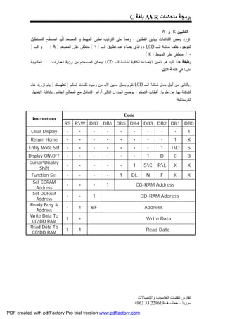 ‫ﺑﺮﻣﺠﺔ ﻣﺘﺤﻜﻤﺎت ‪ AVR‬ﺑﻠﻐﺔ ‪C‬‬

                                                                                          ‫ﺍﻟﻘﻁﺒﻴﻥ ‪ K‬ﻭ ‪: A‬‬
           ‫ﺘﺯﻭﺩ ﺒﻌﺽ ﺍﻟﺸﺎﺸﺎﺕ ﺒﻬﺫﻴﻥ ﺍﻟﻘﻁﺒﻴﻥ ، ﻭﻫﻤﺎ ﻋﻠﻰ ﺍﻟﺘﺭﺘﻴﺏ ﻗﻁﺒﻲ ﺍﻟﻤﻬﺒﻁ ﻭ ﺍﻟﻤﺼﻌﺩ ﻟﹼﻴﺩ ﺍﻟﻤﺴ ﹼﺢ ﺍﻟﻤﺴﺘﻁﻴل‬
                     ‫ﻁ‬        ‫ﻠ‬
           ‫ﻭ ﺍﻟـ )‬    ‫ﺍﻟﻤﻭﺠﻭﺩ ﺨﻠﻑ ﺸﺎﺸﺔ ﺍﻟـ ‪ ، LCD‬ﻭﺍﻟﺫﻱ ﻴﻀﺎﺀ ﻋﻨﺩ ﺘﻁﺒﻴﻕ ﺍﻟـ ) ١ ( ﻤﻨﻁﻘﻲ ﻋﻠﻰ ﺍﻟﻤﺼﻌﺩ ) ‪( A‬‬
                                                                                ‫٠ ( ﻤﻨﻁﻘﻲ ﻋﻠﻰ ﺍﻟﻤﻬﺒﻁ ) ‪. ( K‬‬
           ‫ﺍﻟﻤﻜﺘﻭﺒﺔ‬    ‫ﻭﻅﻴﻔﺔ ﻫﺫﺍ ﺍﻟﻠﻴﺩ ﻫﻭ ﺘﺄﻤﻴﻥ ﺍﻹﻀﺎﺀﺓ ﺍﻟﻜﺎﻓﻴﺔ ﻟﺸﺎﺸﺔ ﺍﻟـ ‪ LCD‬ﻟﻴﺘﻤﻜﻥ ﺍﻟﻤﺴﺘﺨﺩﻡ ﻤﻥ ﺭﺅﻴﺔ ﺍﻟﻌﺒﺎﺭﺍﺕ‬
                                                                                       ‫ﻋﻠﻴﻬﺎ ﻓﻲ ﻅﻠﻤﺔ ﺍﻟﻠﻴل . . .‬


           ‫ﻭﺒﺎﻟﺘﺎﻟﻲ ﻤﻥ ﺃﺠل ﺠﻌل ﺸﺎﺸﺔ ﺍﻟـ ‪ LCD‬ﺘﻘﻭﻡ ﺒﻌﻤل ﻤﻌﻴﻥ ﻻﺒﺩ ﻤﻥ ﻭﺠﻭﺩ ﻜﻠﻤﺎﺕ ﺘﺤﻜﻡ ) ﺘﻌﻠﻴﻤﺎﺕ ( ﻴﺘﻡ ﺘﺯﻭﻴﺩ ﻫﺫﻩ‬
           ‫ﺍﻟﺸﺎﺸﺔ ﺒﻬﺎ ﻋﻥ ﻁﺭﻴﻕ ﺃﻗﻁﺎﺏ ﺍﻟﺘﺤﻜﻡ ، ﻴﻭﻀﺢ ﺍﻟﺠﺩﻭل ﺍﻟﺘﺎﻟﻲ ﺃﻭﺍﻤﺭ ﺍﻟﺘﻌﺎﻤل ﻤﻊ ﺍﻟﻤﻌﺎﻟﺞ ﺍﻟﺨﺎﺹ ﺒﺸﺎﺸﺔ ﺍﻹﻅﻬﺎﺭ‬
                                                                                                    ‫ﺍﻟﻜﺭﺴﺘﺎﻟﻴﺔ :‬


                                                                     ‫‪Code‬‬
            ‫‪Instructions‬‬
                               ‫0‪RS RW DB7 DB6 DB5 DB4 DB3 DB2 DB1 DB‬‬
           ‫‪Clear Display‬‬        ‫٠‬      ‫٠‬        ‫٠‬       ‫٠‬        ‫٠‬       ‫٠‬        ‫٠‬        ‫٠‬        ‫٠‬        ‫1‬
           ‫‪Return Home‬‬          ‫٠‬      ‫٠‬        ‫٠‬       ‫٠‬        ‫٠‬       ‫٠‬        ‫٠‬        ‫٠‬        ‫1‬        ‫‪X‬‬
          ‫‪Entry Mode Set‬‬        ‫٠‬      ‫٠‬        ‫٠‬       ‫٠‬        ‫٠‬       ‫٠‬        ‫٠‬        ‫1‬      ‫‪ID‬‬        ‫‪S‬‬
          ‫‪Display ONOFF‬‬        ‫٠‬      ‫٠‬        ‫٠‬       ‫٠‬        ‫٠‬       ‫٠‬        ‫1‬        ‫‪D‬‬        ‫‪C‬‬        ‫‪B‬‬
          ‫‪CursorDisplay‬‬
                                ‫٠‬      ‫٠‬        ‫٠‬       ‫٠‬        ‫٠‬       ‫1‬       ‫‪SC‬‬     ‫‪RL‬‬        ‫‪X‬‬        ‫‪X‬‬
                ‫‪Shift‬‬
           ‫‪Function Set‬‬         ‫٠‬      ‫٠‬        ‫٠‬       ‫٠‬       ‫1‬       ‫‪DL‬‬        ‫‪N‬‬        ‫‪F‬‬        ‫‪X‬‬        ‫‪X‬‬
            ‫‪Set CGRAM‬‬
                                ‫٠‬      ‫٠‬        ‫٠‬       ‫1‬                    ‫‪CG-RAM Address‬‬
             ‫‪Address‬‬
            ‫‪Set DDRAM‬‬
                                ‫٠‬      ‫٠‬        ‫1‬                              ‫‪DD-RAM Address‬‬
             ‫‪Address‬‬
           ‫& ‪Ready Busy‬‬
                                ‫٠‬      ‫1‬       ‫‪BF‬‬                                ‫‪Address‬‬
             ‫‪Address‬‬
           ‫‪Write Data To‬‬
                                ‫1‬      ‫٠‬                                          ‫‪Write Data‬‬
            ‫‪CGDD RAM‬‬
           ‫‪Read Data To‬‬
                                ‫1‬      ‫1‬                                          ‫‪Read Data‬‬
            ‫‪CGDD RAM‬‬




                                                                             ‫اﻟﻔﺎرس ﻟﺘﻘﻨﯿﺎت اﻟﺤﺎﺳﻮب واﻹﺗﺼﺎﻻت‬
                                                                            ‫ﺳﻮرﯾﺎ – ﺣﻤﺎه- ھـ-916922 33 369+‬

‫‪PDF created with pdfFactory Pro trial version www.pdffactory.com‬‬
 