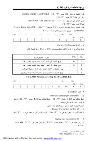 ‫ﺑﺮﻣﺠﺔ ﻣﺘﺤﻜﻤﺎت ‪ AVR‬ﺑﻠﻐﺔ ‪C‬‬

                      ‫ﻴﻜﻭﻥ ﺍﻹﻅﻬﺎﺭ ﻓﻲ ﺤﺎﻟﺔ ‪ ON‬ﻋﻨﺩﻤﺎ ) "1"=‪- Display ON/OFF control bit - ( D‬‬
                                                                             ‫ﻭﻴﻜﻭﻥ ﻓﻲ ﺤﺎﻟﺔ ‪ OFF‬ﻋﻨﺩﻤﺎ ) "0"=‪. ( D‬‬
                                ‫ﻴﻅﻬﺭ ﺍﻟﻤﺅﺸﺭ ﻓﻲ ﺤﺎل ﻜﻭﻥ ) "1"=‪- Cursor ON/OFF control bit - ( C‬‬
                                                                                       ‫ﺒﻴﻨﻤﺎ ﻻ ﻴﻅﻬﺭ ﻋﻨﺩﻤﺎ ) "0"=‪. ( C‬‬
           ‫ﻴﻅﻬﺭ ﺍﻟﻤﺅﺸﺭ ﺒـﺸﻜل ﻭﺍﻤـﺽ ﺒﺘـﺭﺩﺩ ‪ 2.5hz‬ﻋﻨـﺩﻤﺎ ) "1"=‪Cursor Blink ON/OFF - ( B‬‬
                                                    ‫‪ - control bit‬ﻭﻴﻜﻭﻥ ﺜﺎﺒﺕ ﺒﺩﻭﻥ ﺨﻔﻘﺎﻥ ﻋﻨﺩﻤﺎ ) "0"=‪. ( B‬‬
           ‫7‪Db‬‬       ‫-----------------------------------‬                               ‫1‪Db‬‬         ‫0‪Db‬‬

                                                                                                         ‫‪RS‬‬         ‫‪RW‬‬
                 ‫٠‬         ‫٠‬         ‫٠‬          ‫٠‬          ‫٠‬            ‫٠‬          ‫1‬          ‫‪D‬‬          ‫‪C‬‬          ‫‪B‬‬

                                                                              ‫٥ – ‪: Cursor Or Display Shift‬‬
                               ‫ﻴﺘﻡ ﺇﺯﺍﺤﺔ ﺍﻟﻤﺅﺸﺭ ﺃﻭ ﻟﻭﺤﺔ ﺍﻹﻅﻬﺎﺭ ﻭﺫﻟﻙ ﺤﺴﺏ ﻗﻴﻡ ‪ SC‬ﻭ ‪ RL‬ﻭﻭﻓﻘﺎ ﻟﻠﺠﺩﻭل ﺍﻟﺘﺎﻟﻲ :‬



                                           ‫‪EXPLANATION‬‬                                                   ‫‪SC‬‬        ‫‪RL‬‬

                         ‫ﻴﺯﻴﺢ ﺍﻟﻤﺅﺸﺭ ﺇﻟﻰ ﺍﻟﻴﺴﺎﺭ ) ﻴﺯﺩﺍﺩ ﻋﺩﺍﺩ ﺍﻟﻌﻨﺎﻭﻴﻥ ﺒﻤﻘﺩﺍﺭ ﻭﺍﺤﺩ (‬                       ‫0‬          ‫0‬
                        ‫ﻴﺯﻴﺢ ﺍﻟﻤﺅﺸﺭ ﺇﻟﻰ ﺍﻟﻴﻤﻴﻥ ) ﻴﻨﻘﺹ ﻋﺩﺍﺩ ﺍﻟﻌﻨﺎﻭﻴﻥ ﺒﻤﻘﺩﺍﺭ ﻭﺍﺤﺩ (‬                         ‫0‬          ‫1‬
                      ‫ﻴﺯﻴﺢ ﻜﺎﻤل ﻟﻭﺤﺔ ﺍﻹﻅﻬﺎﺭ ﻟﻠﻴﻤﻴﻥ ) ﺘﺒﺩﻭ ﺍﻟﻌﺒﺎﺭﺓ ﻤﺘﺤﺭﻜﺔ ﺇﻟﻰ ﺍﻟﻴﺴﺎﺭ (‬                     ‫1‬          ‫0‬
                      ‫ﻴﺯﻴﺢ ﻜﺎﻤل ﻟﻭﺤﺔ ﺍﻹﻅﻬﺎﺭ ﻟﻠﻴﺴﺎﺭ ) ﺘﺒﺩﻭ ﺍﻟﻌﺒﺎﺭﺓ ﻤﺘﺤﺭﻜﺔ ﺇﻟﻰ ﺍﻟﻴﻤﻴﻥ (‬                     ‫1‬          ‫1‬

                               ‫‪Table. Shift Patterns According To S/C And R/L Bits‬‬

           ‫7‪Db‬‬       ‫-----------------------------------‬                               ‫1‪Db‬‬             ‫0‪Db‬‬

                                                                                                         ‫‪RS‬‬         ‫‪RW‬‬
                 ‫٠‬         ‫٠‬         ‫٠‬          ‫٠‬          ‫٠‬            ‫1‬        ‫‪SC‬‬         ‫‪RL‬‬         ‫‪X‬‬          ‫‪X‬‬

                                                                                                ‫٦ – ‪: Function set‬‬
                                                                     ‫‪Interface data length control bit : DL‬‬
           ‫ﻨﻤﻁ ﺍﻟﻤﻼﺌﻤﺔ ﺒـ ‪ 8-Bit‬ﻋﻨﺩﻤﺎ ) "1"=‪ . ( DL‬ﻨﻤﻁ ﺍﻟﻤﻼﺌﻤﺔ ﺒـ ‪ 4-Bit‬ﻋﻨﺩﻤﺎ ) "0"=‪ ، ( DL‬ﺤﻴﺙ‬
                                                                                   ‫ﻴﺘﻡ ﺇﺭﺴﺎل ﺍﻟﺒﺎﻴﺕ ﺍﻟﻭﺍﺤﺩ ﻋﻠﻰ ﻤﺭﺤﻠﺘﻴﻥ :‬
                                                               ‫ﺍﻟﻨﻴﺒل ﺍﻟﻌﻠﻭﻱ ﺜﻡ ﺍﻟﻨﻴﺒل ﺍﻟﺴﻔﻠﻲ ، ﻭﺒﻴﻥ ﺍﻟﻨﻴﺒﻠﻴﻥ ﻨﺒﻀﺔ ﺘﻤﻜﻴﻥ .‬
                                                                        ‫‪Display line number control bit‬‬                 ‫‪:N‬‬
           ‫ﻟﻭﺤﺔ ﺍﻹﻅﻬﺎﺭ ﺫﺍﺕ ﺴﻁﺭ ﻭﺍﺤﺩ ﻓﻲ ﺤﺎل ) "0"=‪ . ( N‬ﻟﻭﺤﺔ ﺍﻹﻅﻬﺎﺭ ﺃﻜﺜﺭ ﻤﻥ ﺴﻁﺭ ﻓﻲ ﺤـﺎل ) "1"=‪N‬‬
                                                                                                                         ‫(.‬
                                                                            ‫‪Display font type control bit‬‬               ‫‪:F‬‬
           ‫ﻜل ﺭﻤﺯ ﻋﺒﺎﺭﺓ ﻋﻥ ) 7×5 ( ﻨﻘﻁﺔ ﻋﻨﺩﻤﺎ ) "0"=‪ . ( F‬ﻜل ﺭﻤﺯ ﻋﺒﺎﺭﺓ ﻋﻥ ) 01×5 ( ﻨﻘﻁﺔ ﻋﻨـﺩﻤﺎ )‬
                                                                                                               ‫"1"=‪. ( F‬‬

                                                                                    ‫اﻟﻔﺎرس ﻟﺘﻘﻨﯿﺎت اﻟﺤﺎﺳﻮب واﻹﺗﺼﺎﻻت‬
                                                                                   ‫ﺳﻮرﯾﺎ – ﺣﻤﺎه- ھـ-916922 33 369+‬

‫‪PDF created with pdfFactory Pro trial version www.pdffactory.com‬‬
 