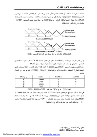 ‫ﺑﺮﻣﺠﺔ ﻣﺘﺤﻜﻤﺎت ‪ AVR‬ﺑﻠﻐﺔ ‪C‬‬

             ‫ﻨﻼﺤﻅ ﺃﻨﻪ ﻓﻲ ﻨﻤﻁ ‪ ، PWM‬ﺃﻥ ﺍﻟﺨﺎﻨﺎﺕ ﺍﻟﻌﺸﺭﺓ ﺍﻷﻗل ﺃﻫﻤﻴﺔ ﻓﻲ ﺍﻟﻤﺴﺠل 1‪ OCR‬ﺘﻨﺘﻘل ﻋﻨﺩ ﺍﻟﻜﺘﺎﺒﺔ ﺇﻟﻰ ﺍﻟﻤﻭﻗﻊ‬
             ‫ﺍﻟﻠﺤﻅﻲ ‪ . temporary location‬ﻭﺘﻤﺴﻙ ﺇﻟﻰ ﺃﻥ ﻴﺼل ﺍﻟﻤﺅﻗﺕ/ﺍﻟﻌﺩﺍﺩ١ ﻟﻠﻘﻤﺔ . ﻭﻫﺫﺍ ﻴﻤﻨﻊ ﺤـﺩﻭﺙ ﻨﺒـﻀﺎﺕ‬
             ‫‪ PWM‬ﻓﺭﺩﻴﺔ ﺍﻟﻁﻭل ) ﻨﺒﻀﺔ ﺨﺎﻁﺌﺔ ‪ ( glitch‬ﻓﻲ ﺤﺎﺩﺜﺔ ﺍﻟﻜﺘﺎﺒﺔ ﻏﻴﺭ ﺍﻟﻤﺘﺯﺍﻤﻨـﺔ ﻋﻠـﻰ ﺍﻟﻤـﺴﺠل ‪. OCR1A‬‬
                                                                               ‫ﻭﻜﻤﺜﺎل ﻋﻠﻰ ﺫﻟﻙ ﺃﻨﻅﺭ ﺍﻟﺸﻜل)43( .‬




                               ‫ﺍﻟﺸﻜل )43( : ﺘﺄﺜﻴﺭﺍﺕ ﺤﻭﺍﺩﺙ ﺍﻟﻤﺴﻙ ﻏﻴﺭ ﺍﻟﻤﺘﺯﺍﻤﻨﺔ ﻟﻠﻤﺴﺠل 1‪OCR‬‬


             ‫ﻭ ﻓﻲ ﺍﻟﻔﺘﺭﺓ ﺍﻟﺯﻤﻨﻴﺔ ﺒﻴﻥ ﺍﻟﻜﺘﺎﺒﺔ ﻭ ﻋﻤﻠﻴﺔ ﺍﻟﻤﺴﻙ ، ﻓﺈﻥ ﺍﻟﻘﺭﺍﺀﺓ ﻤﻥ ﺍﻟﻤﺴﺠل 1‪ OCR‬ﺴـﺘﻘﺭﺃ ﻤﺤﺘﻭﻴـﺎﺕ ﺍﻟﻤﻭﻗـﻊ‬
                                 ‫ﺍﻟﻠﺤﻅﻲ . ﻫﺫﺍ ﻴﻌﻨﻲ ﺃﻥ ﻤﻌﻅﻡ ﺍﻟﻘﻴﻡ ﺍﻟﺠﺩﻴﺩﺓ ﺍﻟﻤﻜﺘﻭﺒﺔ ﺩﺍﺌﻤﹰ ﺴﺘﻘﺭﺃ ﺨﺎﺭﺝ ﺍﻟﻤﺴﺠل 1‪. OCR‬‬
                                                          ‫ﺎ‬
             ‫ﻋﻨﺩﻤﺎ ﺘﻜﻭﻥ ﻤﺤﺘﻭﻴﺎﺕ ﺍﻟﻤﺴﺠل 1‪ OCR‬ﺘﺴﺎﻭﻱ 0000$ ﺃﻭ ﺍﻟﻘﻤﺔ ‪ ، TOP‬ﻓﺈﻥ ﺍﻟﺨـﺭﺝ 1‪ OC‬ﻴﻤـﺴﻙ ﻋﻠـﻰ‬
             ‫ﺍﻟﻤﻨﻁﻕ ﺍﻟﻌﺎﻟﻲ ﺃﻭ ﺍﻟﻤﻨﺨﻔﺽ ﻭﺫﻟﻙ ﺒﻤﺎ ﻴﺘﻼﺀﻡ ﻤﻊ ﻗﻴﻡ ﺍﻟﺨﺎﻨﺘﻴﻥ 11‪ . COM10 , COM‬ﻜﻤﺎ ﻫﻭ ﻤﺒﻴﻥ ﻓﻲ ﺍﻟﺠﺩﻭل‬
                                                                                                          ‫)51(.‬
                    ‫ﺨﺭﺝ 1‪OC‬‬               ‫1‪OCR‬‬                  ‫11‪COM‬‬                           ‫01‪COM‬‬
                      ‫‪L‬‬                   ‫0000$‬                   ‫1‬                               ‫0‬
                      ‫‪H‬‬                    ‫‪TOP‬‬                    ‫1‬                               ‫0‬
                      ‫‪H‬‬                   ‫0000$‬                   ‫1‬                               ‫1‬
                      ‫‪L‬‬                    ‫‪TOP‬‬                    ‫1‬                               ‫1‬
                               ‫ﺍﻟﺠﺩﻭل)51( : ﺨﺭﺝ ‪ PWM‬ﻋﻨﺩ ﺍﻟﻘﻴﻡ : ‪OCR = $0000 or TOP‬‬
             ‫ﻓﻲ ﻨﻤﻁ ‪ ، PWM‬ﻴﺼﺒﺢ ﻋﻠﻡ ﻁﻔﺤﺎﻥ ﺍﻟﻤﺅﻗﺕ 1=1‪ TOV‬ﻋﻨﺩﻤﺎ ﻴﻐﻴﺭ ﺍﻟﻌﺩﺍﺩ ﺍﺘﺠﺎﻩ ﻋﺩﻩ ﻋﻨﺩ ﺍﻟﻘﻴﻤﺔ 0000$ . ﻭ‬
             ‫ﺘﻌﻤل ﻤﻘﺎﻁﻌﺔ ﻁﻔﺤﺎﻥ ﺍﻟﻤﺅﻗﺕ١ ﺒﺸﻜل ﻓﻌﻠﻲ ‪ exactly‬ﻜﻤﺎ ﻓﻲ ﻨﻤﻁ ﺍﻟﻤﺅﻗﺕ/ﺍﻟﻌﺩﺍﺩ ﺍﻟﻌﺎﺩﻱ . ﻤﺜ ﹰ: ﻴﻨﻔـﺫ ﺍﻟﻤـﺘﺤﻜﻡ‬
                             ‫ﻼ‬
             ‫‪ MCU‬ﺭﻭﺘﻴﻥ ﺨﺩﻤﺔ ﺍﻟﻤﻘﺎﻁﻌﺔ ﻋﻨﺩﻤﺎ ﻴﺼﺒﺢ ﻋﻠﻡ ﺍﻟﻁﻔﺤﺎﻥ 1=1‪ TOV‬ﻤﻊ ﻜﻭﻥ ﺨﺎﻨﺔ ﺘﻤﻜﻴﻥ ﺍﻟﻤﻘﺎﻁﻌـﺔ ﺍﻟﻌﺎﻤـﺔ‬
                                                        ‫1=‪ . I‬ﻭﻫﺫﺍ ﻴﻁﺒﻕ ﺃﻴﻀﹰ ﻋﻠﻰ ﻋﻠﻡ ﻤﻘﺎﺭﻨﺔ ﺍﻟﺨﺭﺝ١ ﻭﺍﻟﻤﻘﺎﻁﻌﺔ .‬
                                                                                          ‫ﺎ‬




                                                                              ‫اﻟﻔﺎرس ﻟﺘﻘﻨﯿﺎت اﻟﺤﺎﺳﻮب واﻹﺗﺼﺎﻻت‬
                                                                            ‫ﺳﻮرﯾﺎ – ﺣﻤﺎه- ھـ-916922 33 369+‬

‫‪PDF created with pdfFactory Pro trial version www.pdffactory.com‬‬
 