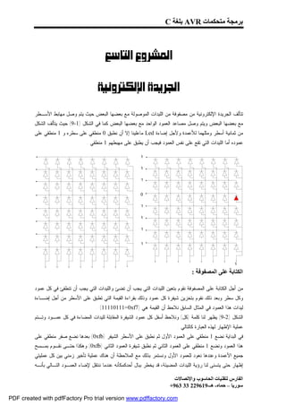 ‫ﺑﺮﻣﺠﺔ ﻣﺘﺤﻜﻤﺎت ‪ AVR‬ﺑﻠﻐﺔ ‪C‬‬



                                     ‫‪ ‬‬
                                             ‫‪ ‬‬
                                   ‫‪ ‬‬

         ‫ﺘﺘﺄﻟﻑ ﺍﻟﺠﺭﻴﺩﺓ ﺍﻹﻟﻜﺘﺭﻭﻨﻴﺔ ﻤﻥ ﻤﺼﻔﻭﻓﺔ ﻤﻥ ﺍﻟﻠﻴﺩﺍﺕ ﺍﻟﻤﻭﺼﻭﻟﺔ ﻤﻊ ﺒﻌﻀﻬﺎ ﺍﻟﺒﻌﺽ ﺤﻴﺙ ﻴﺘﻡ ﻭﺼل ﻤﻬﺎﺒﻁ ﺍﻷﺴـﻁﺭ‬
         ‫ﻤﻊ ﺒﻌﻀﻬﺎ ﺍﻟﺒﻌﺽ ﻭﻴﺘﻡ ﻭﺼل ﻤﺼﺎﻋﺩ ﺍﻟﻌﻤﻭﺩ ﺍﻟﻭﺍﺤﺩ ﻤﻊ ﺒﻌﻀﻬﺎ ﺍﻟﺒﻌﺽ ﻜﻤﺎ ﻓﻲ ﺍﻟﺸﻜل )1-9( ﺤﻴﺙ ﻴﺘﺄﻟﻑ ﺍﻟﺸﻜل‬
         ‫ﻤﻥ ﺜﻤﺎﻨﻴﺔ ﺃﺴﻁﺭ ﻭﻤﺜﻠﻬﻤﺎ ﻟﻸﻋﻤﺩﺓ ﻭﻷﺠل ﺇﻀﺎﺀﺓ ‪ Led‬ﻤﺎﻋﻠﻴﻨﺎ ﺇﻻ ﺃﻥ ﻨﻁﺒﻕ 0 ﻤﻨﻁﻘﻲ ﻋﻠﻰ ﺴﻁﺭﻩ ﻭ 1 ﻤﻨﻁﻘﻲ ﻋﻠﻰ‬
                                  ‫ﻋﻤﻭﺩﻩ ﺃﻤﺎ ﺍﻟﻠﻴﺩﺍﺕ ﺍﻟﺘﻲ ﺘﻘﻊ ﻋﻠﻰ ﻨﻔﺱ ﺍﻟﻌﻤﻭﺩ ﻓﻴﺠﺏ ﺃﻥ ﻴﻁﺒﻕ ﻋﻠﻰ ﻤﻬﺒﻁﻬﻡ 1 ﻤﻨﻁﻘﻲ .‬




                                                                                      ‫اﻟﻜﺘﺎﺑﺔ ﻋﻠﻰ اﻟﻤﺼﻔﻮﻓﺔ :‬

         ‫ﻤﻥ ﺃﺠل ﺍﻟﻜﺘﺎﺒﺔ ﻋﻠﻰ ﺍﻟﻤﺼﻔﻭﻓﺔ ﻨﻘﻭﻡ ﺒﺘﻌﻴﻥ ﺍﻟﻠﻴﺩﺍﺕ ﺍﻟﺘﻲ ﻴﺠﺏ ﺃﻥ ﺘﻀﺊ ﻭﺍﻟﻠﻴﺩﺍﺕ ﺍﻟﺘﻲ ﻴﺠﺏ ﺃﻥ ﺘﻨﻁﻔﺊ ﻓﻲ ﻜل ﻋﻤﻭﺩ‬
         ‫ﻭﻜل ﺴﻁﺭ ﻭﺒﻌﺩ ﺫﻟﻙ ﻨﻘﻭﻡ ﺒﺘﺨﺯﻴﻥ ﺸﻴﻔﺭﺓ ﻜل ﻋﻤﻭﺩ ﻭﺫﻟﻙ ﺒﻘﺭﺍﺀﺓ ﺍﻟﻘﻴﻤﺔ ﺍﻟﺘﻲ ﺘﻁﺒﻕ ﻋﻠﻰ ﺍﻷﺴﻁﺭ ﻤﻥ ﺃﺠل ﺇﻀـﺎﺀﺓ‬
                                       ‫ﻟﻴﺩﺍﺕ ﻫﺫﺍ ﺍﻟﻌﻤﻭﺩ ﻓﻲ ﺍﻟﻤﺜﺎل ﺍﻟﺴﺎﺒﻕ ﻨﻼﺤﻅ ﺃﻥ ﺍﻟﻘﻴﻤﺔ ﻫﻲ )7‪. (11110111=0xf‬‬
         ‫ﺍﻟﺸﻜل )2-9( ﻴﻅﻬﺭ ﻟﻨﺎ ﻜﻠﻤﺔ )ﻜل( ﻭﻨﻼﺤﻅ ﺃﺴﻔل ﻜل ﻋﻤﻭﺩ ﺍﻟﺸﻴﻔﺭﺓ ﺍﻟﻤﻘﺎﺒﻠﺔ ﻟﻠﻴﺩﺍﺕ ﺍﻟﻤﻀﺎﺀﺓ ﻓﻲ ﻜل ﻋﻤـﻭﺩ ﻭﺘـﺘﻡ‬
                                                                               ‫ﻋﻤﻠﻴﺔ ﺍﻹﻅﻬﺎﺭ ﻟﻬﺫﻩ ﺍﻟﻌﺒﺎﺭﺓ ﻜﺎﻟﺘﺎﻟﻲ :‬
         ‫ﻓﻲ ﺍﻟﺒﺩﺍﻴﺔ ﻨﻀﻊ 1 ﻤﻨﻁﻘﻲ ﻋﻠﻰ ﺍﻟﻌﻤﻭﺩ ﺍﻷﻭل ﺜﻡ ﻨﻁﺒﻕ ﻋﻠﻰ ﺍﻷﺴﻁﺭ ﺍﻟﺸﻴﻔﺭ )‪ (0xfb‬ﺒﻌﺩﻫﺎ ﻨﻀﻊ ﺼﻔﺭ ﻤﻨﻁﻘﻲ ﻋﻠﻰ‬
         ‫ﻫﺫﺍ ﺍﻟﻌﻤﻭﺩ ﻭﻨﻀﻊ 1 ﻤﻨﻁﻘﻲ ﻋﻠﻰ ﺍﻟﻌﻤﻭﺩ ﺍﻟﺜﺎﻨﻲ ﺜﻡ ﻨﻁﺒﻕ ﺸﻴﻔﺭﺓ ﺍﻟﻌﻤﻭﺩ ﺍﻟﺜﺎﻨﻲ )‪ (0xfb‬ﻭﻫﻜﺫﺍ ﺤﺘـﻰ ﻨﻘـﻭﻡ ﺒﻤـﺴﺢ‬
         ‫ﺠﻤﻴﻊ ﺍﻷﻋﻤﺩﺓ ﻭﻋﻨﺩﻫﺎ ﻨﻌﻭﺩ ﻟﻠﻌﻤﻭﺩ ﺍﻷﻭل ﻭﻨﺴﺘﻤﺭ ﺒﺫﻟﻙ ﻤﻊ ﺍﻟﻤﻼﺤﻅﺔ ﺃﻥ ﻫﻨﺎﻙ ﻋﻤﻠﻴﺔ ﺘﺄﺨﻴﺭ ﺯﻤﻨﻲ ﺒﻴﻥ ﻜل ﻋﻤﻠﻴﺘﻲ‬
         ‫ﺇﻅﻬﺎﺭ ﺤﺘﻰ ﻴﺘﺴﻨﻰ ﻟﻨﺎ ﺭﺅﻴﺔ ﺍﻟﻠﻴﺩﺍﺕ ﺍﻟﻤﻀﻴﺌﺔ، ﻗﺩ ﻴﺨﻁﺭ ﺒﺒﺎل ﺃﺤﺩﻜﻤﻜﺄﻨﻪ ﻋﻨﺩﻤﺎ ﻨﻨﺘﻘل ﻹﻀﺎﺀ ﺍﻟﻌﻤـﻭﺩ ﺍﻟﺘـﺎﻟﻲ ﺒﺄﻨـﻪ‬

                                                                             ‫اﻟﻔﺎرس ﻟﺘﻘﻨﯿﺎت اﻟﺤﺎﺳﻮب واﻹﺗﺼﺎﻻت‬
                                                                           ‫ﺳﻮرﯾﺎ – ﺣﻤﺎه- ھـ-916922 33 369+‬

‫‪PDF created with pdfFactory Pro trial version www.pdffactory.com‬‬
 