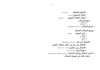 ‫- 7 -‬




                       ‫‪twisted Pair‬‬        ‫• الزواج المفتولة‬
                                   ‫• الكابل المحورى ‪Coaxial‬‬

               ‫‪Fiber Optic‬‬        ‫• كابلت اللياف الضوئية‬
                                                 ‫- انواع الشبكات‬
                                                                 ‫• ‪Ethernet‬‬
                                                              ‫• ‪Token Ring‬‬

                                      ‫‪Expanding the Network‬‬   ‫3- اتساع الشبكات :‬
                                                 ‫- توسيع الشبكات المحلية :‬
                                  ‫‪Repeater‬‬         ‫• مكبر الموجة‬
                                                                 ‫‪Bridge‬‬   ‫•‬
                                                              ‫‪Back Bone‬‬   ‫•‬
                                                                 ‫‪Router‬‬   ‫•‬
                                                               ‫‪Gateway‬‬    ‫•‬

                      ‫‪Making Remote Connection‬‬         ‫- التصال عن بعد‬
       ‫• التصال عن بعد من خلل محطات العمل.‬
                   ‫• التصال بين شبكتين ) ‪.( LAN - to - LAN‬‬
                                   ‫• انواع الربط ‪.Types of connectio‬‬
‫4- أساليب التعامل وشكل الشبكات: ‪Network interface methode to pologies‬‬

                                ‫- نظرة عامة عن توصيل الشبكات‬
 