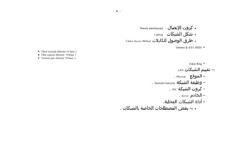 - 8 -




                                                     Ntwork interfacecard  ‫كروت التصال‬     •

                                                                   Cabling ‫شكل الشبكات‬     •

                                             Cables Access Method ‫طرق الوصول للكابلت‬       •

                                                                            Ethernet & IEEE 80203   -
• Thick coaxial ethernet 10 base 5
• Thin coaxial ehternet 10 base 2
• Twisted pair ehternet 10 base -t

                                                                                              -
                                                                                      Token Ring

                                                                             LAN ‫5- تقييم الشبكات‬

                                                                          . Physical ‫- الموقع‬
                                                        . Network Functions ‫- وظيفة الشبكة‬
                                                                     . NIC ‫- كروت الشبكة‬
                                                                              . Server ‫- الخادم‬
                                                                .‫- أداة الشبكات المحلية‬
                                         . ‫• 6- بعض المصطلحات الخاصة بالشبكات‬
 