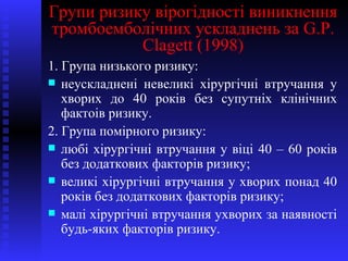 Групи ризику вірогідності виникнення тромбоемболічних ускладнень за  G.P. Clagett (1998) 1.  Група низького ризику:  неускладнені невеликі хірургічні втручання у хворих до 40 років без супутніх клінічних фактоів ризику. 2. Група помірного ризику: любі хірургічні втручання у віці 40 – 60 років без додаткових факторів ризику; великі хірургічні втручання у хворих понад 40 років без додаткових факторів ризику; малі хірургічні втручання ухворих за наявності будь-яких факторів ризику. 