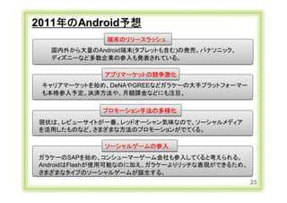 2011年のAndroid予想
                               端末のリリースラッシュ
            国内外から大量のAndroid端末(タブレットも含む)の発売。パナソニック、
            ディズニーなど多数企業の参入も発表されている。

                               アプリマーケットの競争激化
       キャリアマーケットを始め、DeNAやGREEなどガラケーの大手プラットフォーマー
       も本格参入予定。決済方法や、月額課金などにも注目。

                               プロモーション手法の多様化
     現状は、レビューサイトが一番。レッドオーシャン気味なので、ソーシャルメディア
     を活用したものなど、さまざまな方法のプロモーションがでてくる。

                               ソーシャルゲームの参入
     ガラケーのSAPを始め、コンシューマーゲーム会社も参入してくると考えられる。
     AndroidはFlashが使用可能なのに加え、ガラケーよりリッチな表現ができるため、
     さまざまなタイプのソーシャルゲームが誕生する。
                                                     25
Copyright Ⓒ CA Beat,Inc 2011
 