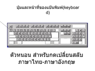 ตัวหนอน สำหรับกดเปลี่ยนสลับ ภาษาไทย - ภาษาอังกฤษ ปุ่มและหน้าที่ของแป้นพิมพ์ ( keyboard ) 
