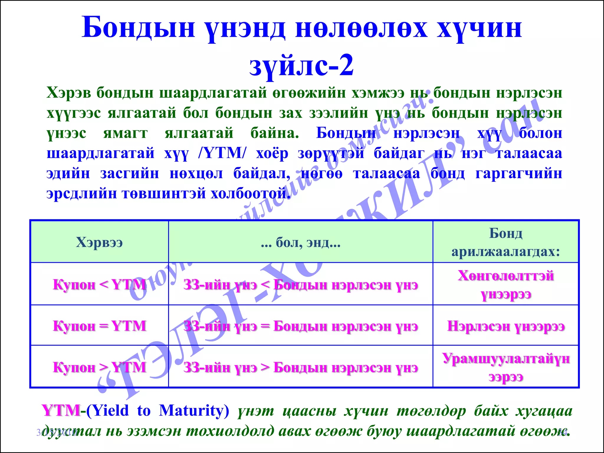 Бондын үнэнд нөлөөлөх хүчин
               зүйлс-2
 Хэрэв бондын шаардлагатай өгөөжийн хэмжээ нь бондын нэрлэсэн
 хүүгээс ялгаатай бол бондын зах зээлийн үнэ нь бондын нэрлэсэн
 үнээс ямагт ялгаатай байна. Бондын нэрлэсэн хүү болон
 шаардлагатай хүү /YTM/ хоёр зөрүүтэй байдаг нь нэг талаасаа
 эдийн засгийн нөхцөл байдал, нөгөө талаасаа бонд гаргагчийн
 эрсдлийн төвшинтэй холбоотой.

                                                          Бонд
    Хэрвээ                  ... бол, энд...
                                                      арилжаалагдах:
                                                      Хөнгөлөлттэй
 Купон < YTM      ЗЗ-ийн үнэ < Бондын нэрлэсэн үнэ
                                                         үнээрээ

 Купон = YTM      ЗЗ-ийн үнэ = Бондын нэрлэсэн үнэ   Нэрлэсэн үнээрээ

                                                     Урамшуулалтайүн
 Купон > YTM      ЗЗ-ийн үнэ > Бондын нэрлэсэн үнэ
                                                          ээрээ

 YTM-(Yield to Maturity) үнэт цаасны хүчин төгөлдөр байх хугацаа
 дуустал нь эзэмсэн тохиолдолд авах өгөөж буюу шаардлагатай өгөөж.
3/15/2010                                                       34
 