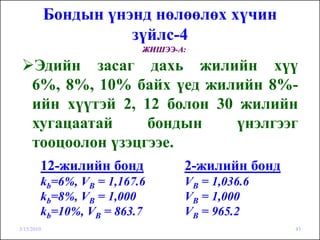 Бондын үнэнд нөлөөлөх хүчин
                      зүйлс-4
                          ЖИШЭЭ-А:

     Эдийн засаг дахь жилийн хүү
     6%, 8%, 10% байх үед жилийн 8%-
     ийн хүүтэй 2, 12 болон 30 жилийн
     хугацаатай     бондын     үнэлгээг
     тооцоолон үзэцгээе.
        12-жилийн бонд           2-жилийн бонд
        kb=6%, VB = 1,167.6      VB = 1,036.6
        kb=8%, VB = 1,000        VB = 1,000
        kb=10%, VB = 863.7       VB = 965.2
3/15/2010                                        43
 