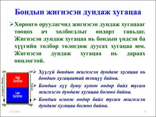 Бондын жигнэсэн дундаж хугацаа
    Хөрөнгө оруулагчид жигнэсэн дундаж хугацааг
    тооцох ач холбогдлыг өндөрт тавьдаг.
    Жигнэсэн дундаж хугацаа нь бондын үндсэн ба
    хүүгийн төлбөр төлөгдөж дуусах хугацаа юм.
    Жигнэсэн    дундаж   хугацаа    нь   дараах
    онцлогтой.
            Хүүгүй бондын жигнэсэн дундаж хугацаа нь
            бондын хугацаатай тэнцүү байна.
            Бондын хүү буюу купон өндөр байх тусам
            жигнэсэн дундаж хугацаа богино байна.
            Бондын өгөөж өндөр байх тусам жигнэсэн
            дундаж хугацаа богино байна.
3/15/2010                                          51
 