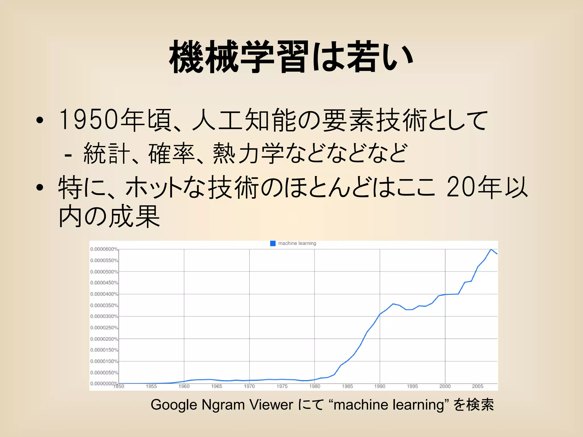 機械学習は若い
• 1950年頃、人工知能の要素技術として
 - 統計、確率、熱力学などなどなど
• 特に、ホットな技術のほとんどはここ 20年以
  内の成果




     Google Ngram Viewer にて “machine learning” を検索
 