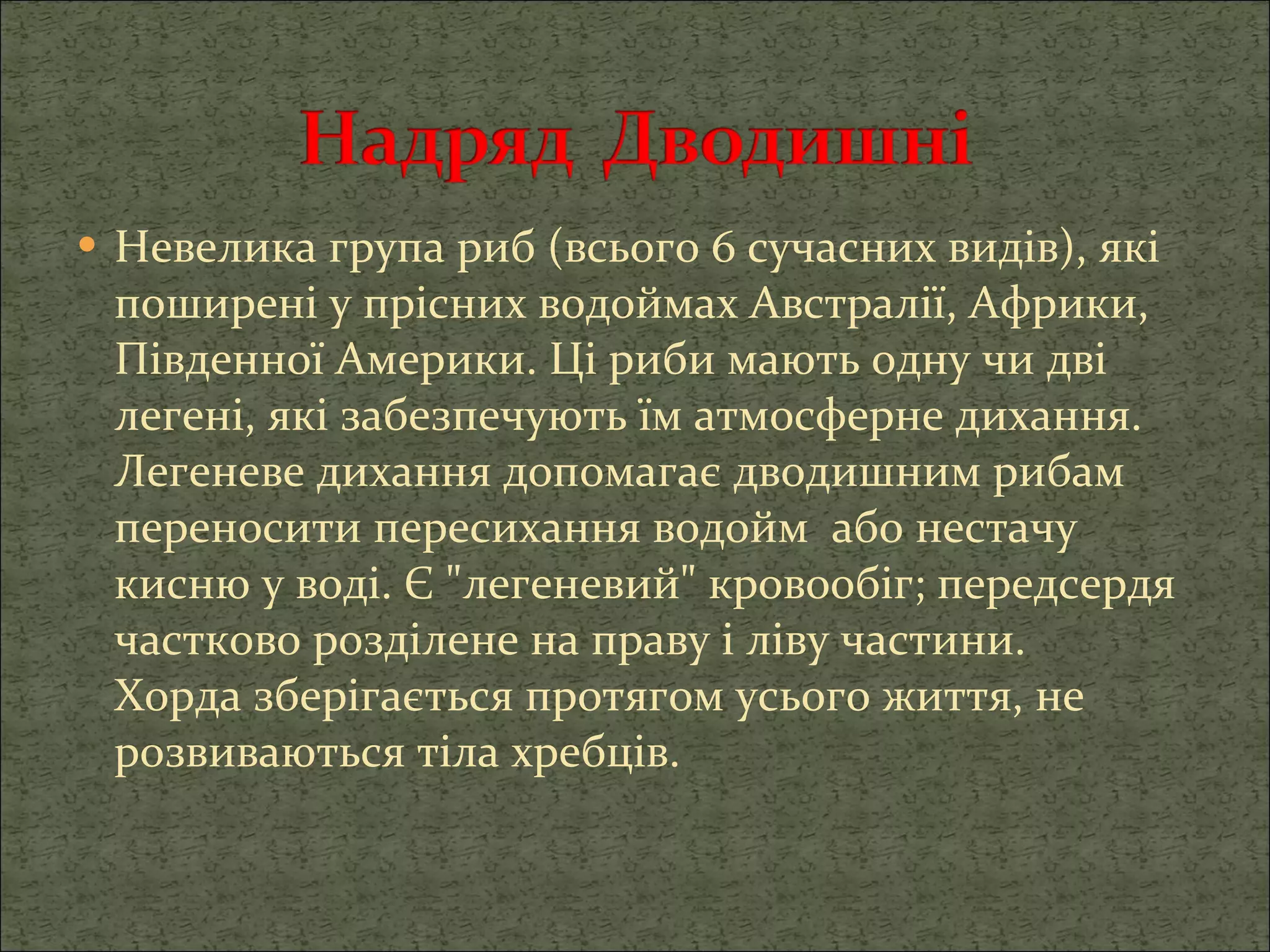 Невелика група риб (всього 6 сучасних видів), які поширені у прісних водоймах Австралії, Африки,  Південної Америки. Ці риби мають одну чи дві легені, які забезпечують їм атмосферне дихання. Легеневе дихання допомагає дводишним рибам переносити пересихання водойм  або нестачу кисню у воді. Є "легеневий" кровообіг; передсердя частково розділене на праву і ліву частини.  Хорда зберігається протягом усього життя, не розвиваються тіла хребців. 