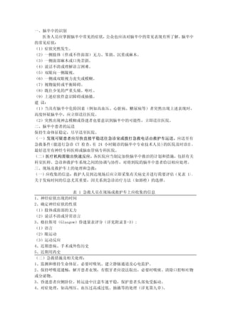 一、脑卒中的识别
   医务人员应掌握脑卒中常见的症状，    公众也应该对脑卒中的常见表现有所了解。 脑卒中
的常见症状：
（1）症状突然发生。
（2）一侧肢体（伴或不伴面部）无力、笨拙、沉重或麻木。
（3）一侧面部麻木或口角歪斜。
（4）说话不清或理解语言困难。
（5）双眼向一侧凝视。
（6）一侧或双眼视力丧失或模糊。
（7）视物旋转或平衡障碍。
（8）既往少见的严重头痛、呕吐。
（9）上述症状伴意识障碍或抽搐。
建 议：
（1）当具有脑卒中危险因素（例如高血压、心脏病、糖尿病等）者突然出现上述表现时，
高度怀疑脑卒中，应立即送往医院。
（2）突然出现神志模糊或昏迷者也要意识到脑卒中的可能性，立即送往医院。
二、脑卒中患者的运送
保持生命体征稳定，尽早送至医院。
（一）发现可疑患者应尽快直接平稳送往急诊室或拨打急救电话由救护车运送。应送至有
急救条件 （能进行急诊 CT 检 查， 24 小时随诊的脑卒中专业技术人员）
                   有                  的医院及时诊治 ，
最好送至有神经专科医师或脑血管病专科医院。
（二）医疗机构需做出快速反应。各医院应当制定加快脑卒中救治的计划和措施，包括有关
科室医师、急诊和救护车系统之间的协调与协作，对将到院的脑卒中患者给以相应处理。
三、现场及救护车上的处理和急救：
（一）应收集的信息：救护人员到达现场后应立即采集有关病史并进行简要评估（见表 1）。
关于发病时间的信息尤其重要，因关系到急诊治疗方法（如溶栓）的选择。

             表 1 急救人员在现场或救护车上应收集的信息
1、神经症状出现的时间
2、确定神经症状的性质
（1）肢体或面部的无力
（2）说话不清或异常语言
3、格拉斯哥（Glasgow）昏迷量表评分（详见附录Ⅱ-3）:
（1）语言
（2）眼运动
（3）运动反应
4、近期患病、手术或外伤历史
5、近期用药史
（二）急救措施及相关处理：
1、监测和维持生命体征。必要时吸氧、建立静脉通道及心电监护。
2、保持呼吸道通畅，解开患者衣领，有假牙者应设法取出，必要时吸痰、清除口腔呕吐物
或分泌物。
3、昏迷患者应侧卧位。转运途中注意车速平稳，保护患者头部免受振动。
4、对症处理，如高颅压、血压过高或过低、抽搐等的处理（详见第九章）   。
 