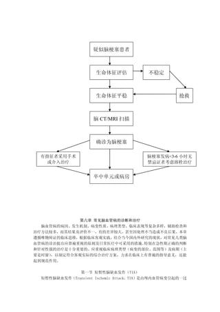 疑似脑梗塞患者



                     生命体征评估             不稳定



                     生命体征平稳                        抢救



                    脑 CT/MRI 扫描



                     确诊为脑梗塞

 有指征者采用手术                              脑梗塞发病<3-6 小时无
   或介入治疗                               禁忌证者考虑溶栓治疗


                    卒中单元或病房




            第六章 常见脑血管病的诊断和治疗
  脑血管病的病因、发生机制、病变性质、病理类型、临床表现等复杂多样，辅助检查和
治疗方法较多，而其结果及评价不一，有的差异较大，甚至因处理不当造成不良后果。本章
遵循唯物辩证的临床思维，根据临床客观实践，结合当今国内外研究的现状，对常见几类脑
血管病的诊治提出应普遍重视的原则及日常医疗中可采用的措施。特别在急性期正确的判断
和针对性强的治疗是十分重要的。应重视临床病理类型（病变的部位、范围等）及病期（主
要是时窗），以制定符合客观实际的综合治疗方案，力求在临床上有普遍的指导意义，还能
起到规范作用。

              第一节 短暂性脑缺血发作（TIA）
  短暂性脑缺血发作（Transient Ischemic Attack，TIA）是由颅内血管病变引起的一过
 
