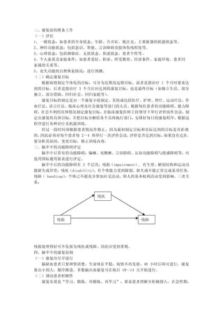 二、康复前的准备工作
（一）评估
1、一般状态：如患者的全身状态、年龄、合并症、既往史、主要脏器的机能状态等。
2、神经功能状态：包括意识、智能、言语障碍及肢体伤残程度等。
3、心理状态：包括抑郁症、无欲状态、焦虑状态、患者个性等。
4、个人素质及家庭条件：如患者爱好、职业、所受教育、经济条件、家庭环境、患者同
家属的关系等。
5、丧失功能的自然恢复情况：进行预测。
（二）确定康复目标
  根据病情制定个体化的目标，可分为近期及远期目标。前者是指治疗 1 个月时要求达
到的目标。后者是指治疗 3 个月后应达到的康复目标，也是最终目标（如独立生活、部分
独立、部分借助、回归社会、回归家庭等）     。
  康复目标的制定是由一个康复小组制定。其组成包括医疗、护理、理疗、运动疗法、作
业疗法、语言疗法、临床心理及社会康复等部门的人员。根据每位患者的功能障碍、能力障
碍、社会不利的具体情况制定康复目标。在临床康复医师主持领导下举行评价协作会议，制
定出康复的具体目标，并把目标分解给各个具体执行部门，安排好每日的康复程序，根据这
程序进行各种治疗及机能训练。
  经过一段时间须根据患者情况作修正，因为最初制定目标和实际达到的目标是有距离
的，因此必须对每个患者每 2～4 周举行一次评价会议，   评价是否达到目标，   如果没有达到 ，
要分析其原因，变更目标，修正训练内容。
三、脑卒中的功能障碍评定
  脑卒中后常有的功能障碍：偏瘫、双侧瘫、言语障碍、认知功能障碍与情感障碍等，应
选用国际通用量表进行评定。
  脑卒中后的功能障碍有 3 个层次：残损（impairement）, 有生理、解剖结构和运动功
能缺失或异常；残疾（disability），有个体能力受到限制、缺失或不能正常完成某项任务；
残障（ handicap），个体已不能充分参加社交活动，即人的基本权利活动受到影响。三者关
系：


                    残疾




       残损                         残障




残损处理得好可不发展为残疾或残障，因此应受到重视。
四、脑卒中的康复原则
（一）康复应尽早进行
  脑缺血患者只要神智清楚，生命体征平稳，病情不再发展，48 小时后即可进行，康复
量由小到大，循序渐进。多数脑出血康复可在病后 10～14 天开始进行。
（二）调动患者积极性
  康复实质是“学习、锻炼、再锻炼、再学习”，要求患者理解并积极投入。在急性期，
 