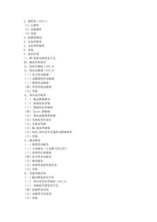 2. 脑栓塞（434.1）
（1）心源性
（2）动脉源性
（3）其他
3. 腔隙性梗死
4. 出血性梗死
5. 无症状性梗死
6. 其他
7. 原因未明
三、椎-基底动脉供血不足
四、脑血管性痴呆
五、高血压脑病（437.2）
六、颅内动脉瘤（437.3）
（一）先天性动脉瘤
（二）动脉硬化性动脉瘤
（三）感染性动脉瘤
（四）外伤性假动脉瘤
（五）其他
七、颅内血管畸形
（一） 脑动静脉畸形
（二） 海绵状血管瘤
（三） 静脉性血管畸形
（四） Galen 静脉瘤
（五） 颈内动脉海绵窦瘘
（六）毛细血管扩张症
（七）毛细血管瘤
（八）脑-面血管瘤病
（九）颅内-颅外血管交通性动静脉畸形
（十）其他
八、脑动脉炎
（一）感染性动脉炎
（二）大动脉炎（主动脉弓综合征）
（三）系统性红斑狼疮
（四）结节性多动脉炎
（五）颞动脉炎
（六）闭塞性血栓性脉管炎
（七）其他
九、其他动脉疾病
（一）脑动脉盗血综合征
（二） 颅内异常血管网症（437.5）
（三） 动脉肌纤维发育不良
（四）淀粉样血管病
（五）动脉壁夹层病变
（六）其他
 