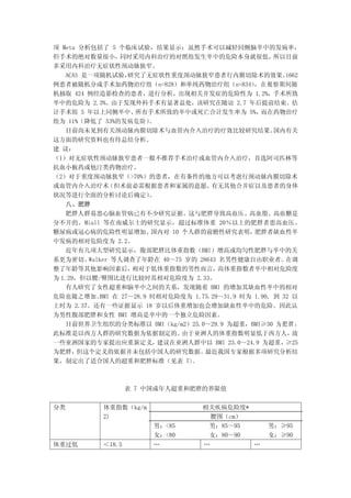 项 Meta 分析包括了 5 个临床试验，结果显示：虽然手术可以减轻同侧脑卒中的发病率，
但手术的绝对数量很小，       同时采用内科治疗的对照组发生卒中的危险本身就很低，             所以目前
多采用内科治疗无症状性颈动脉狭窄。
   ACAS 是一项随机试验，    研究了无症状性重度颈动脉狭窄患者行内膜切除术的效果。             1662
例患者被随机分成手术加药物治疗组（n=828）和单纯药物治疗组（n=834）            ，在观察期间随
机抽取 424 例经造影检查的患者，进行分析，出现相关并发症的危险性为 1.2%，手术所致
卒中的危险为 2.3%。由于发现外科手术有显著益处，该研究在随访 2.7 年后提前结束。估
计手术组 5 年以上同侧卒中、       所有手术所致的卒中或死亡合计发生率为 5%，        而在药物治疗
组为 11%（降低了 53%的发病危险）      。
   目前尚未见到有关颈动脉内膜切除术与血管内介入治疗的疗效比较研究结果。                   国内有关
这方面的研究资料也有待总结分析。
建 议：
（1）对无症状性颈动脉狭窄患者一般不推荐手术治疗或血管内介入治疗，首选阿司匹林等
抗血小板药或他汀类药物治疗。
（2）对于重度颈动脉狭窄（>70%）的患者，在有条件的地方可以考虑行颈动脉内膜切除术
或血管内介入治疗术      （但术前必需根据患者和家属的意愿、       有无其他合并症以及患者的身体
状况等进行全面的分析讨论后确定）          。
   八、肥胖
   肥胖人群易患心脑血管病已有不少研究证据。这与肥胖导致高血压、高血脂、高血糖是
分不开的。Miall 等在南威尔士的研究显示，超过标准体重 20％以上的肥胖者患高血压、
糖尿病或冠心病的危险性明显增加。          国内对 10 个人群的前瞻性研究表明，     肥胖者缺血性卒
中发病的相对危险度为 2.2。
   近年有几项大型研究显示，腹部肥胖比体重指数（BMI）增高或均匀性肥胖与卒中的关
系更为密切。   Walker 等人调查了年龄在 40～75 岁的 28643 名男性健康自由职业者。        在调
整了年龄等其他影响因素后，        相对于低体重指数的男性而言，      高体重指数者卒中相对危险度
为 1.29，但以腰/臀围比进行比较时其相对危险度为 2.33。
   有人研究了女性超重和脑卒中之间的关系，发现随着 BMI 的增加其缺血性卒中的相对
危险也随之增加。    BMI 在 27～28.9 时相对危险度为 1.75，29～31.9 时为 1.90, 到 32 以
上时为 2.37。还有一些证据显示 18 岁以后体重增加也会增加缺血性卒中的危险。因此认
为男性腹部肥胖和女性 BMI 增高是卒中的一个独立危险因素。
   目前世界卫生组织的分类标准以 BMI（kg/m2）25.0～29.9 为超重，BMI≥30 为 肥 胖 ，
此标准是以西方人群的研究数据为依据制定的。            由于亚洲人的体重指数明显低于西方人，          故
一些亚洲国家的专家提出应重新定义，           建议在亚洲人群中以 BMI 23.0～24.9 为超重，≥25
为肥胖，   但这个定义的依据并未包括中国人的研究数据。         最近我国专家根据多项研究分析结
果，制定出了适合国人的超重和肥胖标准（见表 7）           。



                    表 7 中国成年人超重和肥胖的界限值


分类          体重指数（kg/m                 相关疾病危险度*
            2)                         腰围（cm）
                         男：<85         男：85～95         男：≥95
                         女：<80         女：80～90         女：≥90
体重过低        ＜18.5        …            …            …
 