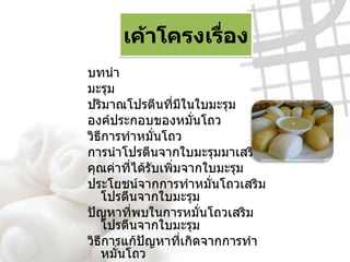 เค้าโครงเรื่อง บทนำ มะรุม ปริมาณโปรตีนที่มีในใบมะรุม องค์ประกอบของหมั่นโถว วิธีการทำหมั่นโถว การนำโปรตีนจากใบมะรุมมาเสริม คุณค่าที่ได้รับเพิ่มจากใบมะรุม ประโยชน์จากการทำหมั่นโถวเสริมโปรตีนจากใบมะรุม ปัญหาที่พบในการหมั่นโถวเสริมโปรตีนจากใบมะรุม วิธีการแก้ปัญหาที่เกิดจากการทำหมั่นโถว บทสรุป 