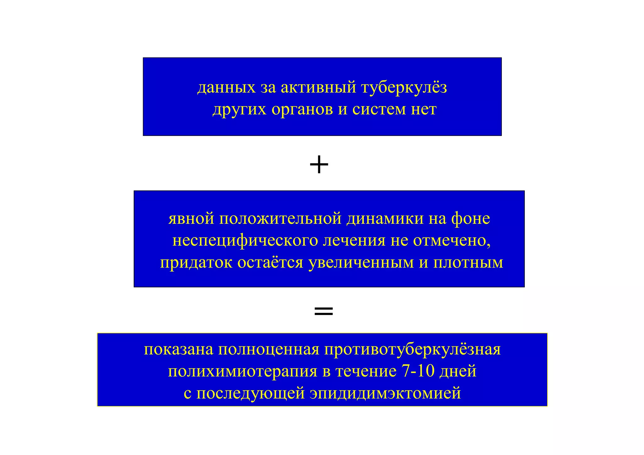 данных за активный туберкулёз
        других органов и систем нет


                   +
  явной положительной динамики на фоне
  неспецифического лечения не отмечено,
 придаток остаётся увеличенным и плотным

                   =
показана полноценная противотуберкулёзная
   полихимиотерапия в течение 7-10 дней
     с последующей эпидидимэктомией
 