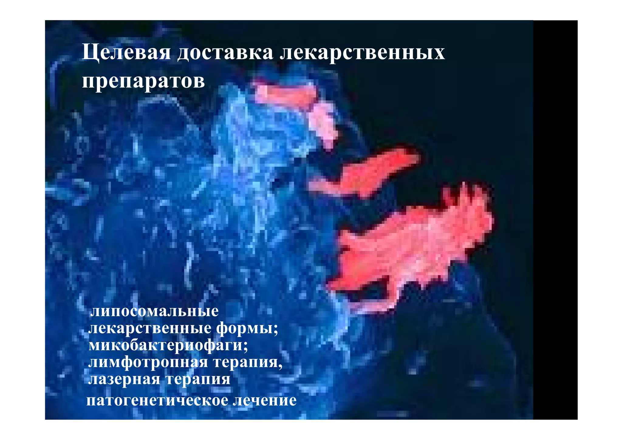 Целевая доставка лекарственных
препаратов




липосомальные
лекарственные формы;
микобактериофаги;
лимфотропная терапия,
лазерная терапия
патогенетическое лечение
 