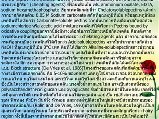 การสกัดเพคติน ในการสกัดเพคตินสามารถใช้สารในการสกัดได้เพคตินเป็นกลุ่มต่างๆ เซลล์พืชที่ผ่านการล้างสิ่งเจือปนออกแล้ว นำมาสกัดด้วยน้ำร้อนหรือเย็น หรือสารละลายบัฟเฟอร์ เรียกเพคติน กลุ่มนี้ว่า เพคตินที่ละลายน้ำได้   (water soluble pectin)  นำกากมาสกัดต่อด้วยสารเร่งปฏิกิริยา   (chelating agents)  ที่ร้อนหรือเย็น เช่น   ammonium oxalate, EDTA, sodium hexamethaphosphate  เรียกเพคตินกลุ่มนี้ว่า   Chelatorsolublepectins  แล้วนำกากมาสกัดต่อด้วย   0.05 M Sodium carbonate  สกัดที่อุณหภูมิที่เย็น หรืออุณหภูมิห้อง เพคตินที่ได้เรียกว่า   Carbonate-soluble pectins  จากนั้นนำกากที่เหลือมาสกัดต่อด้วย   sodiumchloride  หรือ   acetic acid mixture  เพคตินที่ได้เรียกว่า   Pectins bound by oxidative coupling นอกจากนี้ยังมีทางเลือกในการใช้สารเคมีสกัดเพคติน คือหลังจากการสกัดเพคตินกลุ่มที่ละลายได้ในสารละลาย   chelating agents  แล้ว นำกากมาสกัดด้วยกรดที่อุณหภูมิสูง เพคตินที่ได้เรียกว่า   Acid-solublepectins  จากนั้นนำกากมาสกัดด้วย   NaOH  ที่อุณหภูมิที่เย็น   0°C  เพค ตินที่ได้เรียกว่า   Alkaline-solublepectins สารประกอบเพคตินนั้นประกอบด้วยน้ำตาลจำนวนมาก แต่ยังไม่เป็นที่ทราบแน่นอนว่าน้ำตาลนั้นเกาะในตำแหน่งใดของโครงสร้าง แต่อย่างไรก็ตามหากสกัดเพคตินจากพืชด้วยความระมัดระวัง มีการควบคุมการทำงานของเอนไซม์ พบว่าเพคตินที่สกัดได้จะมีโครงสร้างแบบ   Block structure (De Vries et al, 1986) โครงสร้างของเพคตินที่สกัดด้วยกรดเจือจางจะมีความแตกต่างกัน คือ   5-10%  ของกรดกาแลคทูโรนิกจะประกอบด้วยน้ำตาล เช่น กาแลคโทส กลูโคส แรมโนส อะราบิโนส และไซโลส ซึ่งอาจจะเชื่อมกับกาแลคทูโรเนตซึ่งเป็นโครงสร้างสายหลักของเพคติน บางครั้งน้ำตาลแรมโนส อาจเป็นส่วนหนึ่งของ   polysaccharide จำพวก   glucan  และ   xyloglucans  ซึ่งถ้ามีสารเหล่านี้ในเพคติน เจลที่ได้จะมีคุณภาพไม่ดี เพคตินที่สกัดได้จากผลไม้ตระกูลส้ม แอปเปิ้ล เชอรี่ สตรอเบอรี่ แครรอท ฟักทอง หัวบีท มันฝรั่ง หัวหอม และกะหล่ำปลีส่วนใหญ่แล้วจะมีส่วนประกอบของน้ำตาลเหมือนกัน   (Rolin and De Vries, 1990) น้ำตาลที่พบในเพคตินส่วนใหญ่จะเป็นกลุ่มแรมโนกาแลคทูโรแนน โดยบริเวณที่พบน้ำตาลประเภทนี้มากจะมักถูกเรียกว่า   hairy region  ทั้งนี้เนื่องจากน้ำตาลกลุ่มแรมโนกาแลคทูโรแนนจะมีลักษณะเป็นโพลีเมอร์ที่เชื่อมมาต่อสลับกับกรดกาแลคทูโรนิก แต่ถ้าเป็นน้ำตาลกาแลคทูโรแนนมาเชื่อมต่อกันเป็นสายยาวจะเรียกส่วนนี้ว่า   smooth regions  ทั้งนี้ปริมาณของ   smooth regions  หรือ   hairy regions  นั้นจะขึ้นอยู่กับเพคตินว่าสกัดมาจากส่วนใดของพืช และกรรมวิธีในการสกัดเพคตินด้วย 