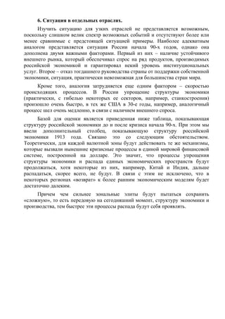 6. Ситуация в отдельных отраслях.
      Изучить ситуацию для узких отраслей не представляется возможным,
поскольку слишком велик спектр возможных событий и отсутствуют более или
менее сравнимые с предстоящей ситуацией примеры. Наиболее адекватным
аналогом представляется ситуация России начала 90-х годов, однако она
дополнена двумя важными факторами. Первый из них – наличие устойчивого
внешнего рынка, который обеспечивал спрос на ряд продуктов, производимых
российской экономикой и гарантировал некий уровень институциональных
услуг. Второе – отказ тогдашнего руководства страны от поддержки собственной
экономики, ситуация, практически невозможная для большинства стран мира.
      Кроме того, аналогия затрудняется еще одним фактором – скоростью
происходящих процессов. В России упрощение структуры экономики
(практически, с гибелью некоторых ее секторов, например, станкостроения)
произошло очень быстро, в тех же США в 30-е годы, например, аналогичный
процесс шел очень медленно, в связи с наличием внешнего спроса.
      Базой для оценки является приведенная ниже таблица, показывающая
структуру российской экономики до и после кризиса начала 90-х. При этом мы
ввели дополнительный столбец, показывающую структуру российской
экономики 1913 года. Связано это со следующим обстоятельством.
Теоретически, для каждой валютной зоны будут действовать те же механизмы,
которые вызвали нынешние кризисные процессы в единой мировой финансовой
системе, построенной на долларе. Это значит, что процессы упрощения
структуры экономики и распада единых экономических пространств будут
продолжаться, хотя некоторые из них, например, Китай и Индия, дальше
распадаться, скорее всего, не будут. В связи с этим не исключено, что в
некоторых регионах «возврат» к более ранним экономическим моделям будет
достаточно далеким.
     Причем чем сильнее зональные элиты будут пытаться сохранить
«сложную», то есть передовую на сегодняшний момент, структуру экономики и
производства, тем быстрее эти процессы распада будут себя проявлять.
 