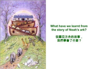What have we learnt from
the story of Noah’s ark?

   從羅亞方舟的故事，
   我們學會了什麽？
 