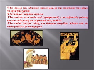 Τα  παιδιά των Αθηναίων έμεναν μαζί με την οικογένειά τους μέχρι τα εφτά τους χρόνια. Δεν υπήρχαν δημόσια σχολεία. Τα έστελναν στον παιδαγωγό (γραμματιστή) , για τις βασικές γνώσεις και στον κιθαριστή για τη μουσική τους παιδεία. Τα παιδιά έπαιζαν επίσης και διάφορα παιχνίδια. Κάποια από τα οποία μοιάζουν με τα σημερινά. 