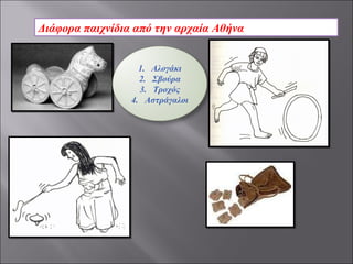 Διάφορα παιχνίδια από την αρχαία Αθήνα Αλογάκι Σβούρα Τροχός Αστράγαλοι 