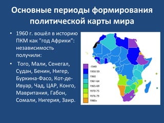 Основные периоды формирования политической карты мира 1960 г. вошёл в историю ПКМ как "год Африки": независимость получили: Того, Мали, Сенегал, Судан, Бенин, Нигер, Буркина-Фасо, Кот-де-Ивуар, Чад, ЦАР, Конго, Мавритания, Габон, Сомали, Нигерия, Заир. 