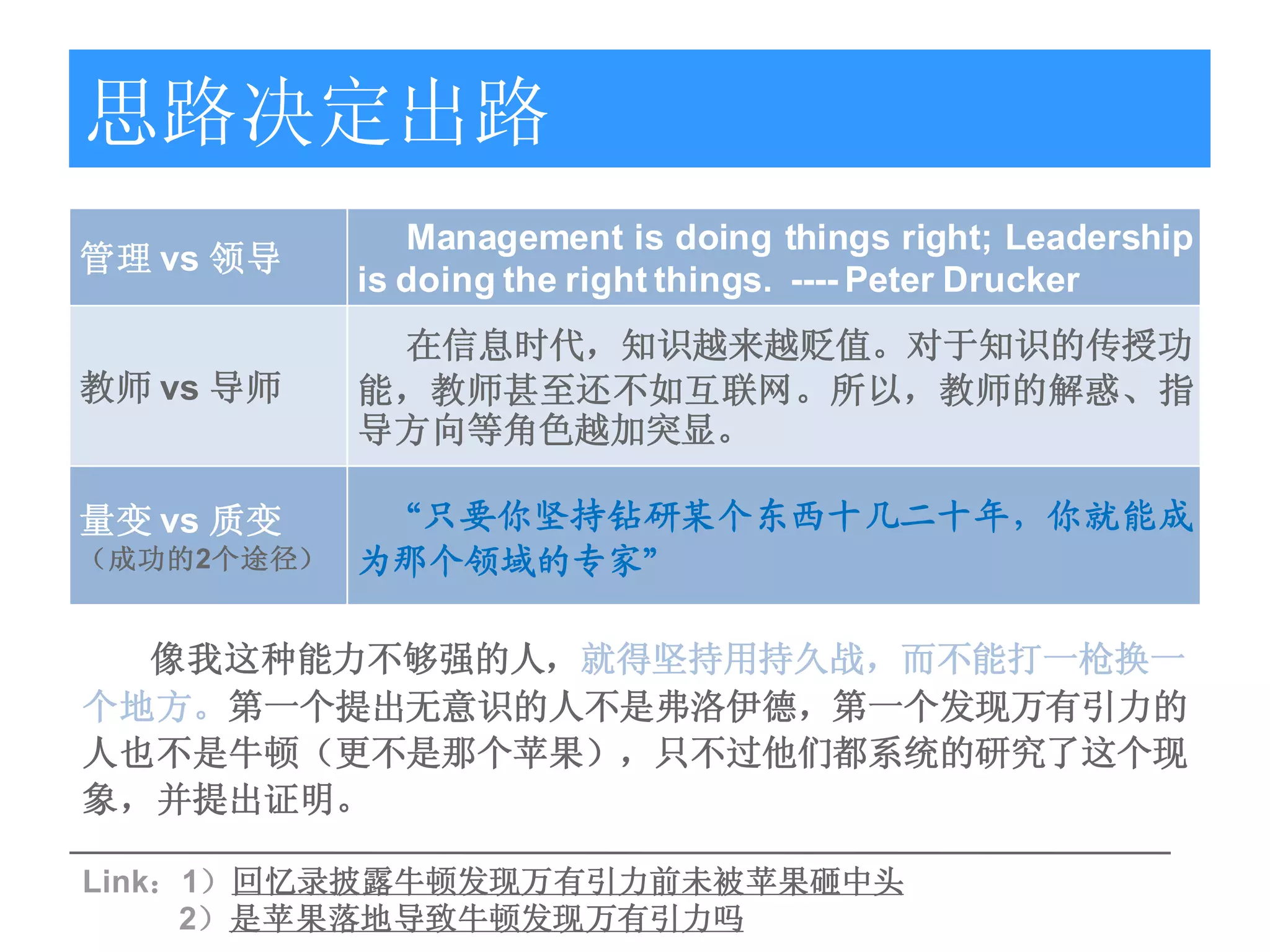 思路决定出路
               Management is doing things right; Leadership
管理 vs 领导
            is doing the right things. ---- Peter Drucker
             在信息时代，知识越来越贬值。对于知识的传授功
教师 vs 导师    能，教师甚至还不如互联网。所以，教师的解惑、指
            导方向等角色越加突显。

量变 vs 质变     “只要你坚持钻研某个东西十几二十年，你就能成
（成功的2个途径）   为那个领域的专家”

  像我这种能力不够强的人，就得坚持用持久战，而不能打一枪换一
个地方。第一个提出无意识的人不是弗洛伊德，第一个发现万有引力的
人也不是牛顿（更不是那个苹果），只不过他们都系统的研究了这个现
象，并提出证明。

Link：1）回忆录披露牛顿发现万有引力前未被苹果砸中头
     2）是苹果落地导致牛顿发现万有引力吗
 