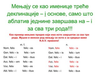 Мењају се као именице треће деклинације  –   i   основе, само што аблатив једнине завршава на  – i  за сва три рода!!! Nom. felix  felic - es Gen. felic – is  felic - ium Dat. felic – i  felic - ibus Acc. felic – em  felic - es Voc. felix  felic - es Abl. felic – i  felic - ibus Као пример мењамо придев који има исти завршетак за сва три рода. Мушки и женски род мењају се исто а за средњи важи  N.A.V.  правило! n. m. f. N om.  felix   felic - ia Gen. felic – is  felic - ium Dat. felic – i  felic - ibus A cc.  felix   felic - ia V oc.  felix   felic - ia Abl. felic – i  felic - ibus 