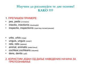 Научим да разликујем те две основе! KAKO   ??? 1 . ПРЕПИШЕМ ПРИМЕРЕ: pes, pedis  (стопало)   iniectio, iniectionis  (ињекција)   inspectio, inspectionis  (преглед посматрањем)   urbs, urbis   (град) unguis, unguis   (нокат) rete, retis   (мрежа) animal, animalis   (животиња) cochlear,cochlearis   (кашика)  dens, dentis  (зуб) 2. КОРИСТИМ ЈЕДАН ОД ДАЉЕ НАВЕДЕНИХ НАЧИНА ЗА ПРЕПОЗНАВАЊЕ 