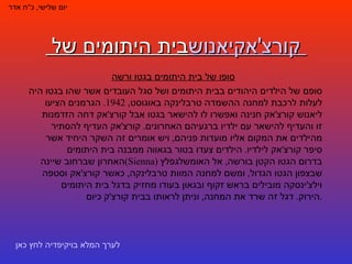 בית היתומים של  יאנוש  קורצ'אק יום שלישי ,  כ " ח אדר סופו של בית היתומים בגטו ורשה סופם של הילדים היהודים בבית היתומים ושל סגל העובדים אשר שהו בגטו היה לעלות לרכבת למחנה ההשמדה טרבלינקה באוגוסט , 1942.  הגרמנים הציעו ליאנוש קורצ ' אק חנינה ואפשרו לו להישאר בגטו אבל קורצ ' אק דחה הזדמנות זו והעדיף להישאר עם ילדיו ברגעיהם האחרונים .  קורצ ' אק העדיף להסתיר מהילדים את המקום אליו מועדות פניהם ,  ויש אומרים זה השקר היחיד אשר סיפר קורצ ' אק לילדיו .  הילדים צעדו בטור בגאווה ממבנה בית היתומים האחרון שברחוב שיינה  ( Sienna )  בדרום הגטו הקטן בורשה ,  אל האומשלגפלץ שבצפון הגטו הגדול ,  ומשם למחנה המוות טרבלינקה ,  כאשר קורצ ' אק וסטפה וילצ ' ינסקה מובילים בראש זקוף ובגאון בעודו מחזיק בדגל בית היתומים הירוק .  דגל זה שרד את המחנה ,  וניתן לראותו בבית קורצ ' ק כיום . לערך המלא בויקיפדיה לחץ כאן 