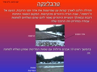 טרבלינקה תחילה הלכנו לאורך קורות עץ שמייצגות את אדני פסי הרכבת ,  הגענו אל ה " רמפה ",  שבה הורדו היהודים מהקרונות .  המקום הוסווה כתחנת רכבת  ( במהלך הטעיית היהודים נאמר להם שהם נשלחים למחנות עבודה במזרח )  וזה הרציף שלה .  יום רביעי ,  כ " ט אדר בהמשך ראינו  10  אבנים גדולות עם שמות המדינות שמהן נשלחו למחנה זה . הרמפה שמות המדינות אדני הפסים 