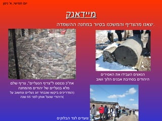 מיידאנק יום חמישי ,  א '  ניסן יצאנו מהצריף והמשכנו בסיור במחנה ההשמדה . הנאצים העבידו את האסירים היהודים בסחיבת אבנים הלוך ושוב אח " כ נכנסנו ל " צריף הנעליים ",  צריף שלם מלא בנעליים של יהודים מהמחנה  ( המדריכים ביקשו שנבחר זוג נעליים ונחשוב על היהודי שנעל אותן לפני  66  שנה ) צועדים לצד הבלוקים 