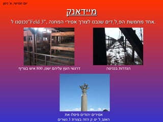 מיידאנק יום חמישי ,  א '  ניסן נכנסנו ל " Feld 3 ",  אחד מחמשת הפֶלְדים שנבנו לצורך אסירי המחנה . הגדרות בכניסה דרגשי העץ עליהם ישנו , 800  איש בצריף אסירים יהודים פיסלו את האוֹבֶּלִיסְק הזה בצורת  3  נשרים 