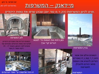 מיידאנק – המשרפות יום חמישי ,  א '  ניסן פנינו לכיוון המשרפות  ( הקְרֶמָטוֹרְיוּם )  שבהן שרפו את גופות היהודים . בניין המשרפות כאן ניתחו את הגופות כדי למצוא דברים יקרי ערך המשרפות לוע המשרפה הנאצים הכריחו את האסירים היהודים לשרוף את גופות הנרצחים :  מכניסים שני אנשים לתוך הכבשן ,  וכעבור  15 – 20  דקות נשאר רק אפר . הנאצים אילצו את אנשי הזוּנְדֶרְקוֹמַנְדוֹ  ( אסירים יהודים )  להוציא את הגופות מתאי הגזים ולהובילן למשרפות . זו גינה שדושנה ע " י אפר הנרצחים לתמונות נוספות באינטרנט לחץ כאן 