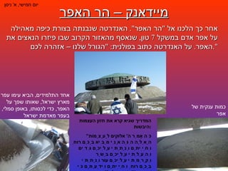 מיידאנק – הר האפר יום חמישי ,  א '  ניסן אחר כך הלכנו אל  " הר האפר ".  האנדרטה שנבנתה בצורת כיפה מאהילה על אפר אדם במשקל  7  טון ,  שנאסף מהאזור הקרוב שבו פיזרו הנאצים את האפר .  על האנדרטה כתוב בפולנית : " הגורל שלנו – אזהרה לכם ". כמות ענקית של אפר אחד התלמידים ,  הביא עימו עפר מארץ ישראל ,  שאותו שפך על האפר ,  כדי לכסותו ,  באופן סמלי ,  בעפר מאדמת ישראל המדריך שגיא קרא את חזון העצמות היבשות : " כֹּה אָמַר ה '  אלוקים לָעֲצָמוֹת הָאֵלֶּה הִנֵּה אֲנִי מֵבִיא בָכֶם רוּחַ וִחְיִיתֶם וְנָתַתִּי עֲלֵיכֶם גִּדִים וְהַעֲלֵתִי עֲלֵיכֶם בָּשָׂר וְקָרַמְתִּי עֲלֵיכֶם עוֹר וְנָתַתִּי בָכֶם רוּחַ וִחְיִיתֶם וִידַעְתֶּם כִּי אֲנִי ה '"  ( יחזקאל ,  ל " ז ) 