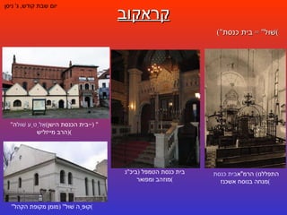 קראקוב יום שבת קודש ,  ג '  ניסן (" שׁוּל " =  בית כנסת ) בית כנסת  הרמ"א   ( התפללנו מנחה בנוסח אשכנז ) בית כנסת הטמפל  ( ביכ " נ מוזהב ומפואר ) ה " אַלְטֶע שׁוּל " (= בית הכנסת הישן ) ( הרב מייזליש ) " קוּפָּה שׁוּל " ( מומן מקופת הקהל ) 