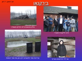 בירקנאו יום ראשון ,  ד '  ניסן הרב זליקוביץ '  מסביר אני ליד הדרגשים בצריף ( חלק מהמבנים לא החזיקו מעמד ) בריכות אפר  ( לפעמים זרקו כאן את אפר הגופות ) 