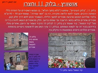 אושוויץ  -  בלוק  11  וחצרו יום ראשון ,  ד '  ניסן בלוק  11, " בלוק העינויים ",  שימש כ " כלא בתוך הכלא ",  בו נענשו האסירים על הפרת כללי המחנה הרבים .  מעבר לתאי כליאה וחקירה ,  היו בו  " תאי עמידה ",  שממדיהם  90 × 90  ס " מ בלבד ואליהם הוכנסו ארבעה אסירים למשך הלילה ,  כשאוויר נכנס לתא דרך חלון קטן .  אסירים אחרים נכלאו בתאי הרעבה עד שמתו ברעב .  חלק מהאסירים הוצאו להורג בירייה מול  " קיר המוות ",  קיר שעמד בין בלוק  11  לבלוק  10 ( הקיר נשמר עד היום );  אחרים נתלו בידיהם בקיר זה עד לצאת נשמתם .  בבלוק  11  ערך האס אס לראשונה ניסויים בהמתת אסירים פולנים ורוסים באמצעות גז ציקלון בה . " קיר המוות "  בחצר בלוק  11 בלוק  24  שימש בית בושת לתגמול אסירים אבן זו הונחה ליד בלוק  27  על ידי הנשיא חיים הרצוג . ( כתוב עליה הפסוק  " ומכאובי נגדי תמיד "). 