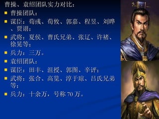 曹操、袁绍团队实力对比： 曹操团队： 谋臣：荀彧、荀攸、郭嘉、程昱、刘晔、贾诩； 武将：夏侯、曹氏兄弟、张辽、许褚、徐晃等； 兵力：三万。 袁绍团队： 谋臣：田丰、沮授、郭图、辛评； 武将：张合、高览、淳于琼、吕氏兄弟等； 兵力：十余万，号称 70 万。 