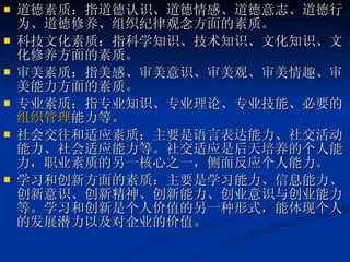 道德素质：指道德认识、道德情感、道德意志、道德行为、道德修养、组织纪律观念方面的素质。  科技文化素质：指科学知识、技术知识、文化知识、文化修养方面的素质。  审美素质：指美感、审美意识、审美观、审美情趣、审美能力方面的素质。  专业素质：指专业知识、专业理论、专业技能、必要的 组织管理 能力等。  社会交往和适应素质：主要是语言表达能力、社交活动能力、社会适应能力等。社交适应是后天培养的个人能力，职业素质的另一核心之一，侧面反应个人能力。 学习和创新方面的素质：主要是学习能力、信息能力、创新意识、创新精神、创新能力、创业意识与创业能力等。学习和创新是个人价值的另一种形式，能体现个人的发展潜力以及对企业的价值。 