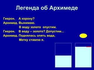 Легенда об Архимеде Гиерон.  А корону?  Архимед. Вынимаю.  В воду золото  опустим.  Гиерон.  В воду – золото? Допустим...  Архимед. Поднялась опять вода,  Метку ставлю я.  