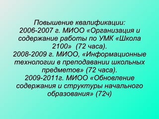 Повышение квалификации: 2006-2007 г. МИОО «Организация и содержание работы по УМК «Школа 2100»  (72 часа). 2008-2009 г. МИОО, «Информационные технологии в преподавании школьных предметов» (72 часа). 2009-2011г. МИОО «Обновление содержания и структуры начального образования» (72ч) 