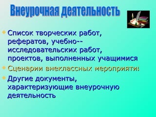 Список творческих работ, рефератов, учебно-­исследовательских работ, проектов, выполненных учащимися  Сценарии внеклассных мероприятий, фото­ и видеоматериалы по проведенным мероприятиям; Другие документы, характеризующие внеурочную деятельность  Внеурочная деятельность  