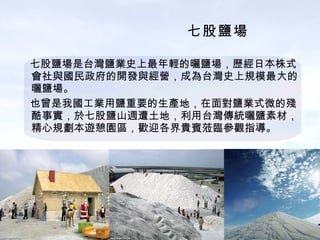 七股鹽場   　 七股鹽場是台灣鹽業史上最年輕的曬鹽場，歷經日本株式會社與國民政府的開發與經營，成為台灣史上規模最大的曬鹽場。 　也曾是我國工業用鹽重要的生產地，在面對鹽業式微的殘酷事實，於七股鹽山週遭土地，利用台灣傳統曬鹽素材，精心規劃本遊憩園區，歡迎各界貴賓蒞臨參觀指導。 
