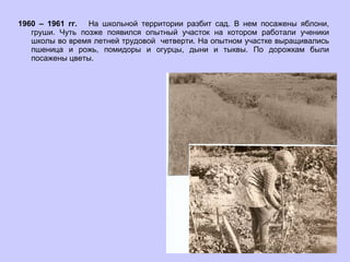1960 – 1961 гг.  На школьной территории разбит сад. В нем посажены яблони, груши. Чуть позже появился опытный участок на котором работали ученики школы во время летней трудовой  четверти. На опытном участке выращивались пшеница и рожь, помидоры и огурцы, дыни и тыквы. По дорожкам были посажены цветы. 