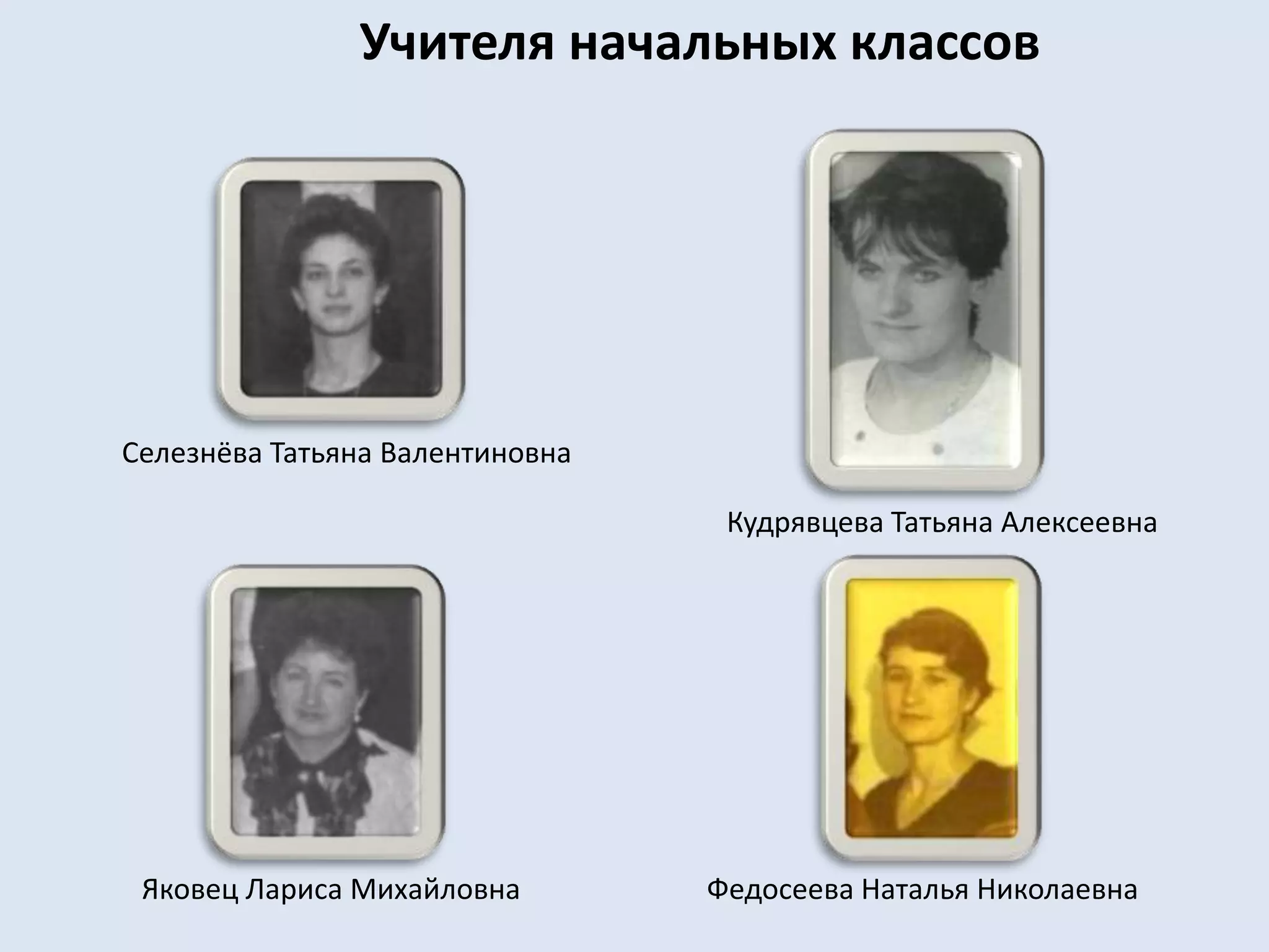 Учителя начальных классовСелезнёва Татьяна ВалентиновнаКудрявцева Татьяна АлексеевнаФедосеева Наталья НиколаевнаЯковец Лариса Михайловна