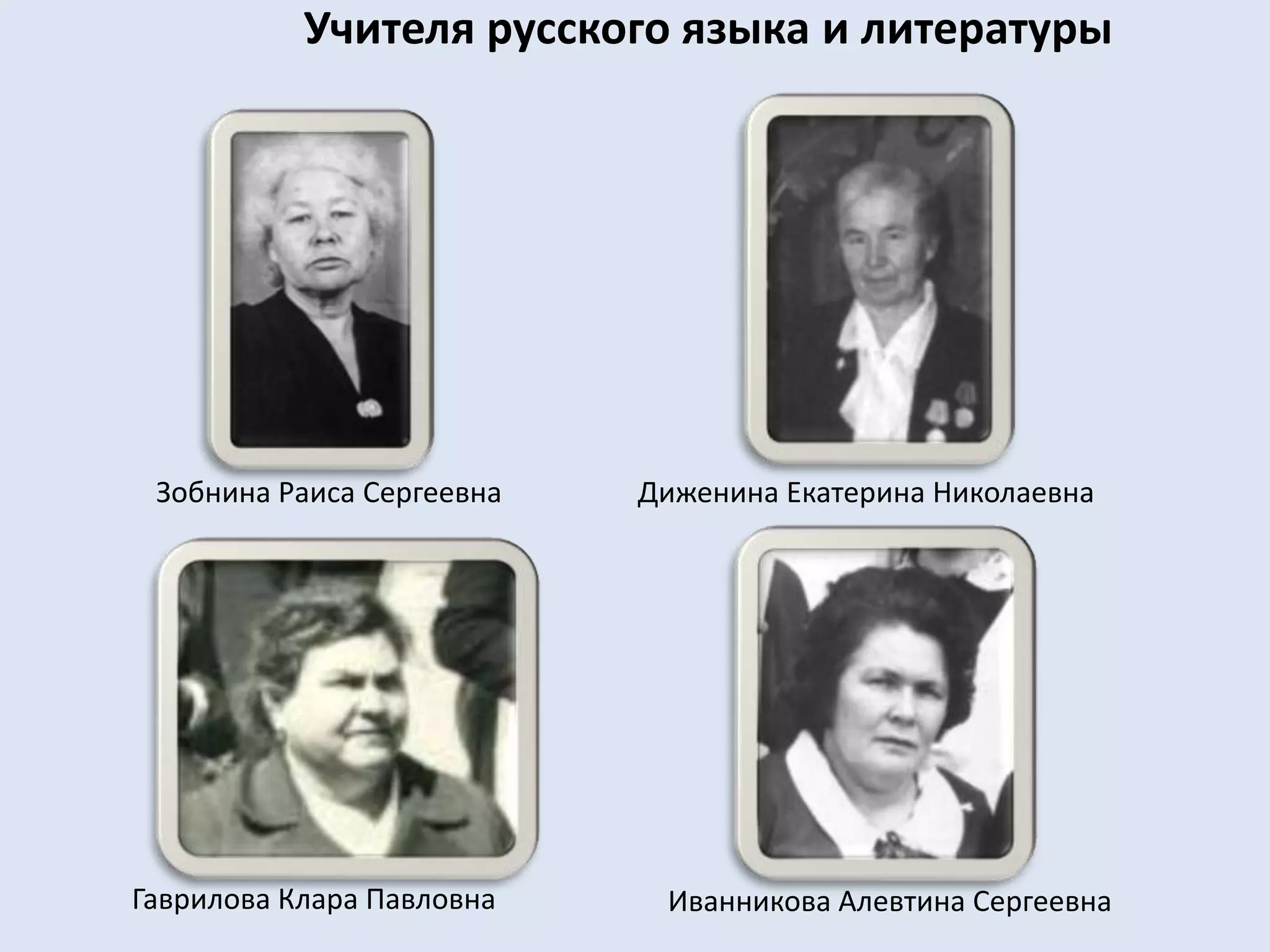 Учителя русского языка и литературыЗобнина Раиса СергеевнаДиженина Екатерина НиколаевнаГаврилова Клара ПавловнаИванникова Алевтина Сергеевна